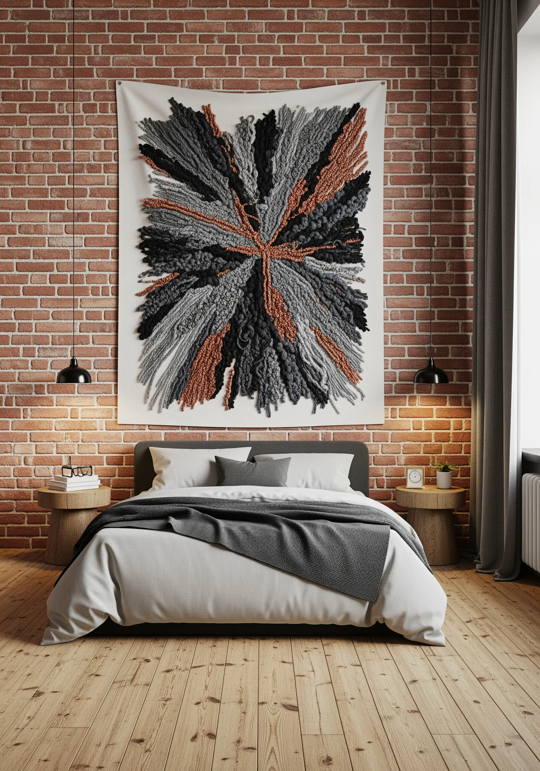 A large, abstract wall hanging on a brick wall with yarn stitched in a dramatic, radiating burst pattern.