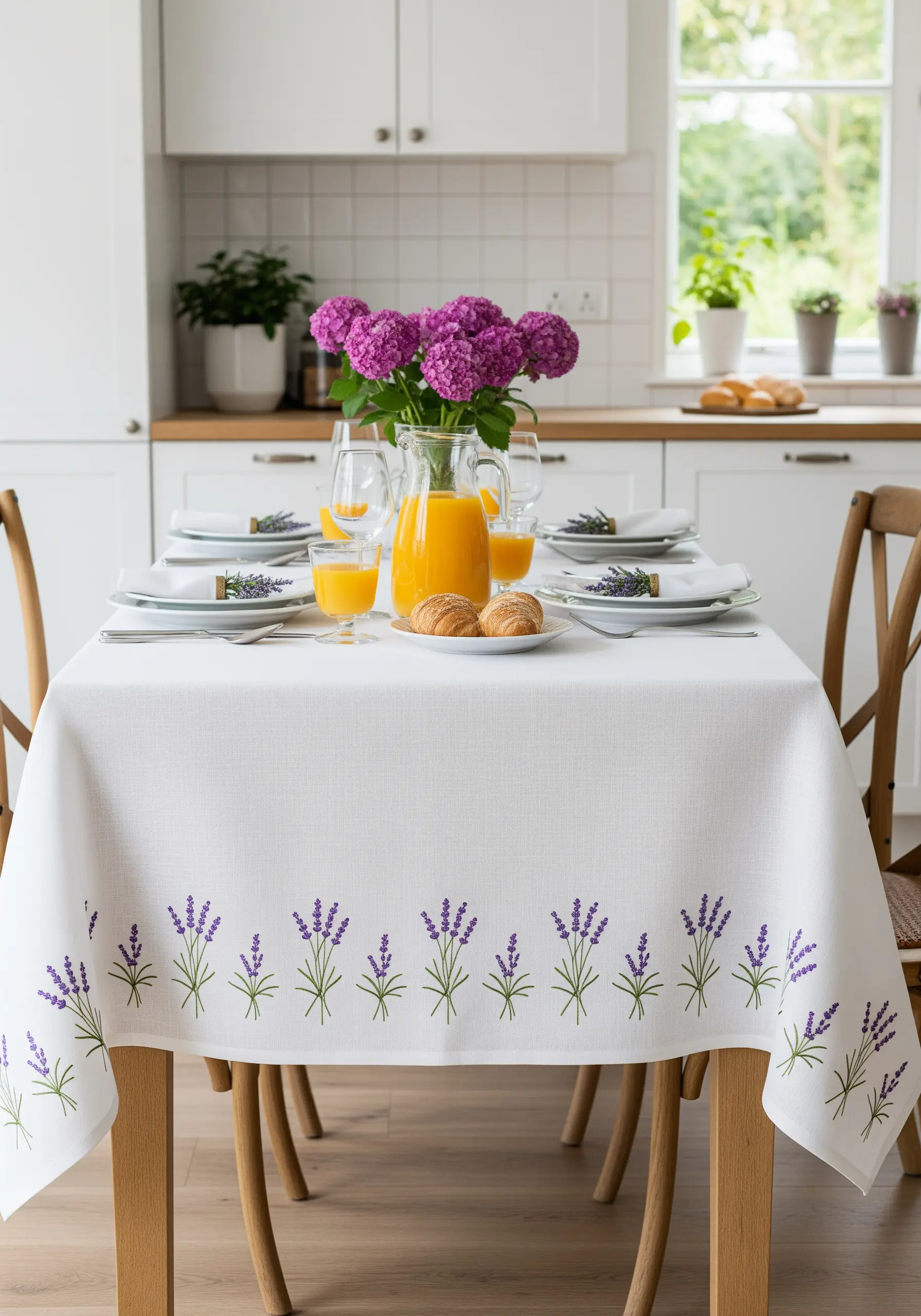 A border of lavender sprigs embroidered with purple French knots on a white tablecloth.