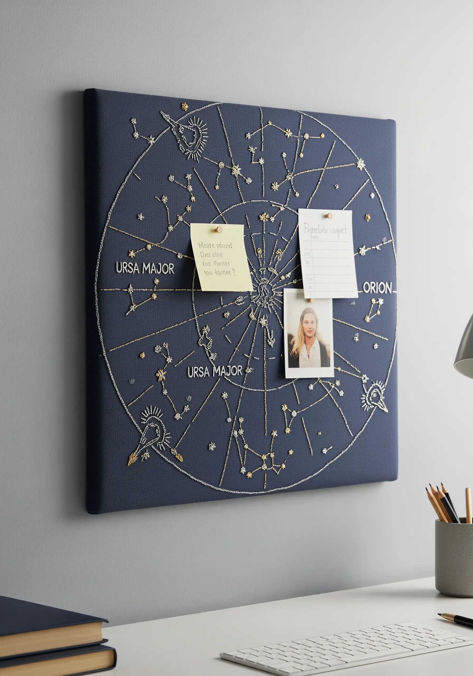 A square navy pinboard embroidered with constellations, used to hold notes and photos