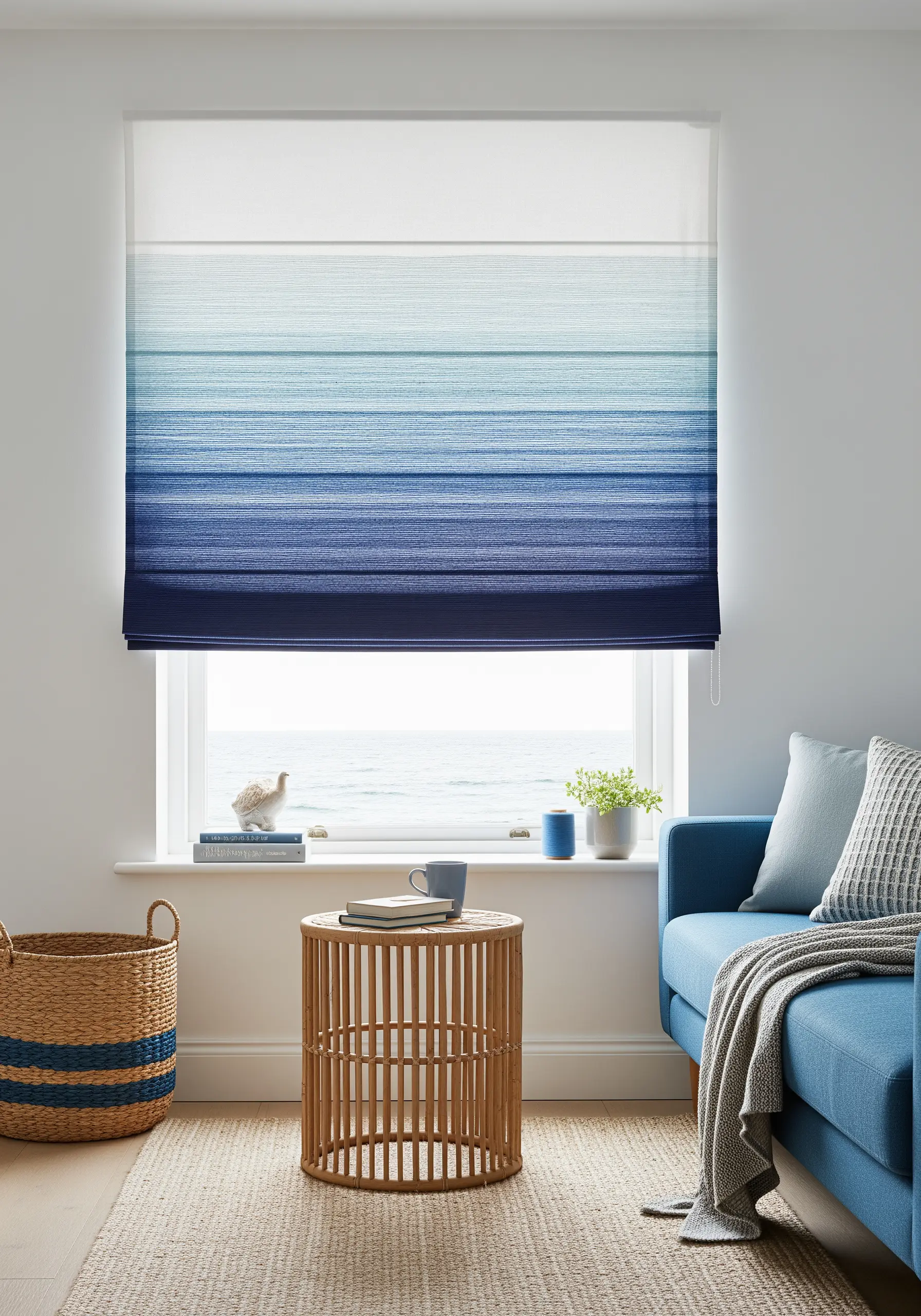 An ocean-inspired blue and white gradient embroidered on a Roman blind.