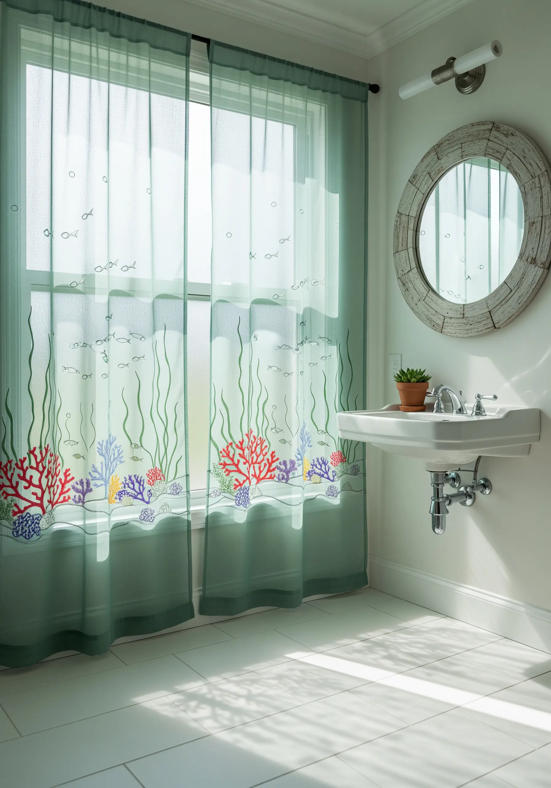A colorful embroidered coral reef scene along the bottom of a sheer green curtain.