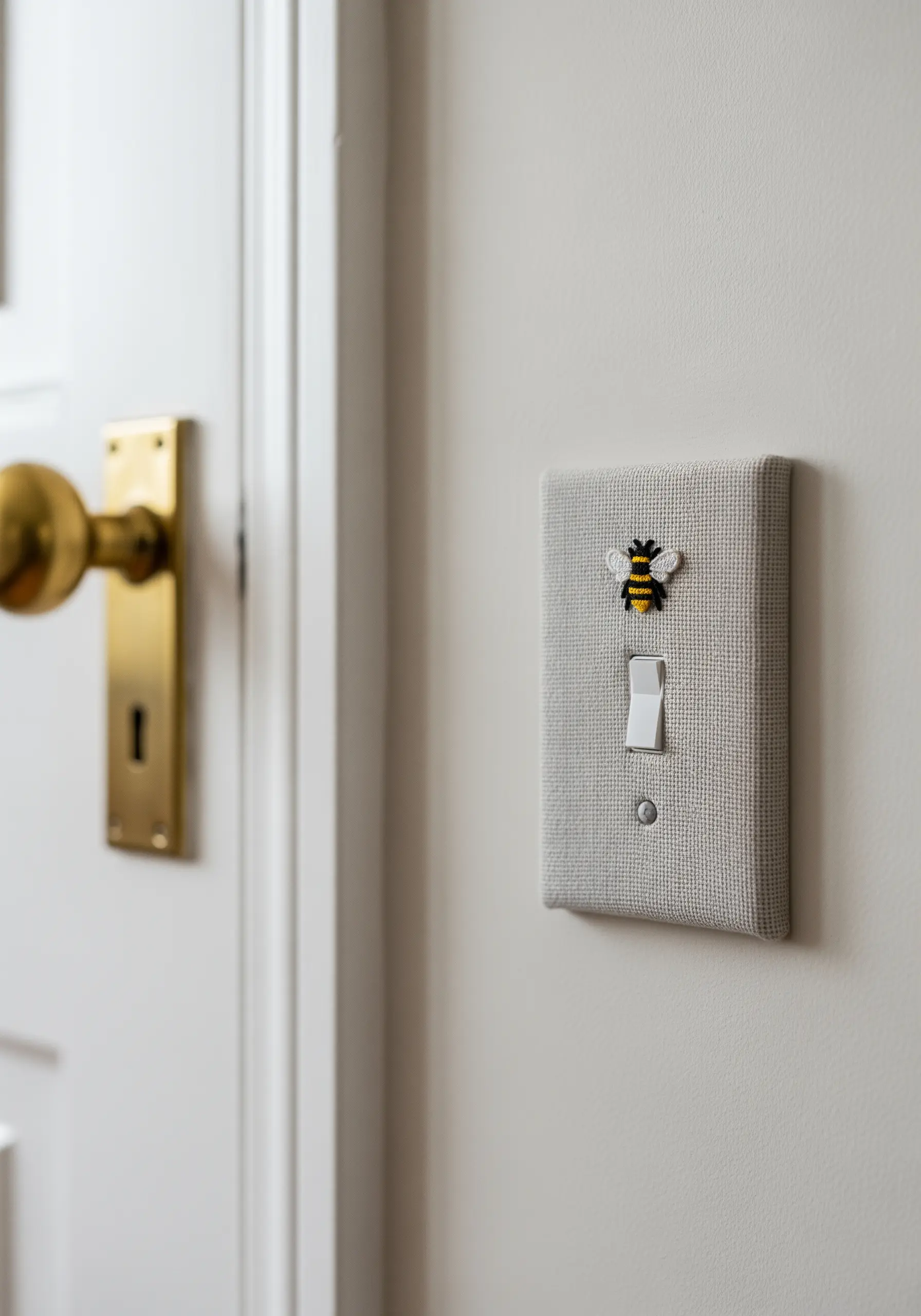 A tiny embroidered bee on fabric-covered light switch plate on a white wall.