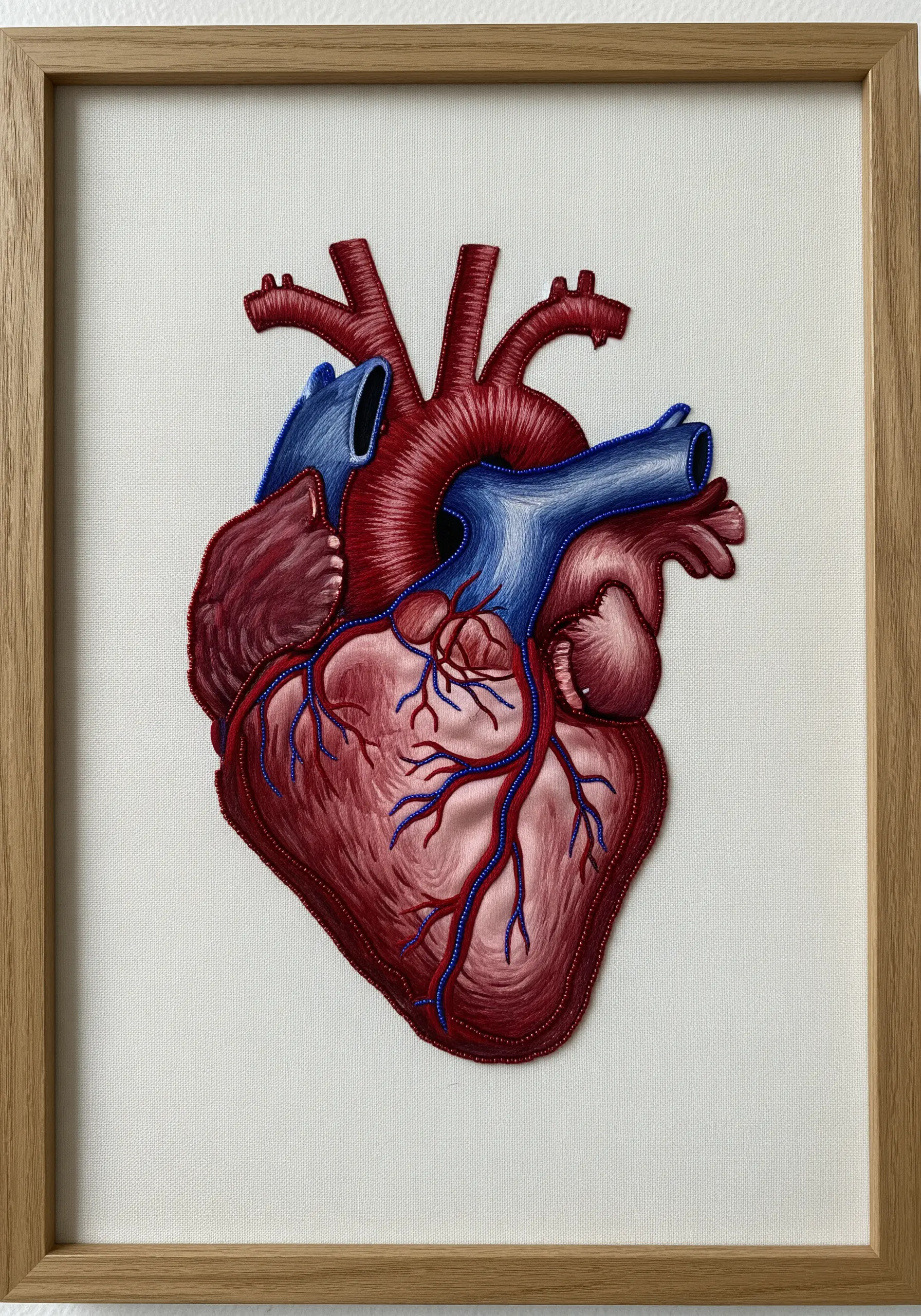 An anatomically correct heart made with layered red fabric appliqué and detailed beadwork.