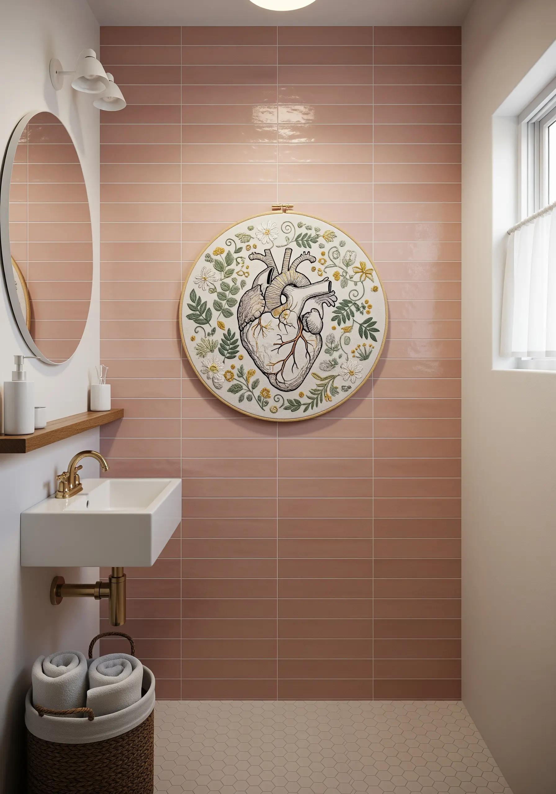 An anatomical heart illustration embroidered in the center of a botanical wreath hoop.