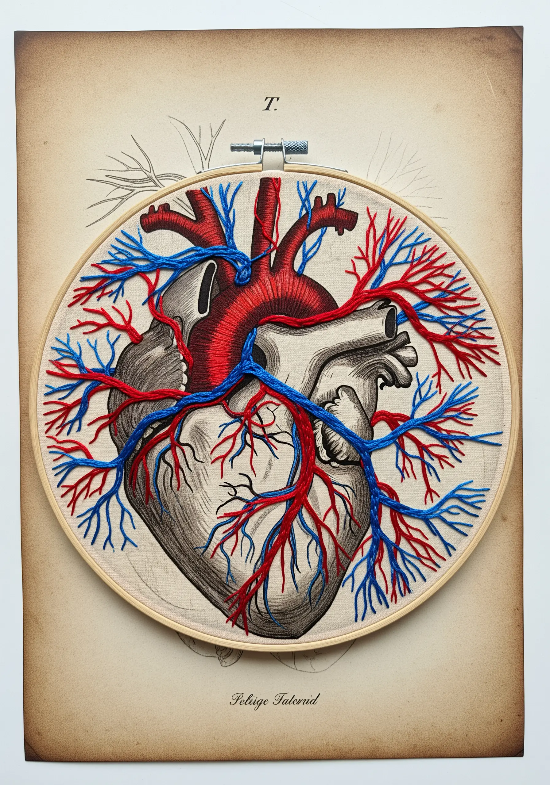 Anatomical heart illustration on fabric, with arteries and veins stitched in red and blue thread.