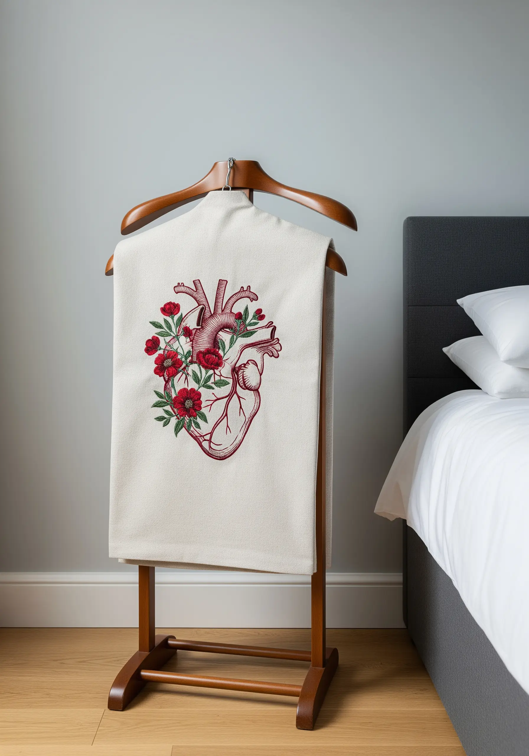 Anatomically correct heart embroidery with red and pink flowers blooming from the arteries.