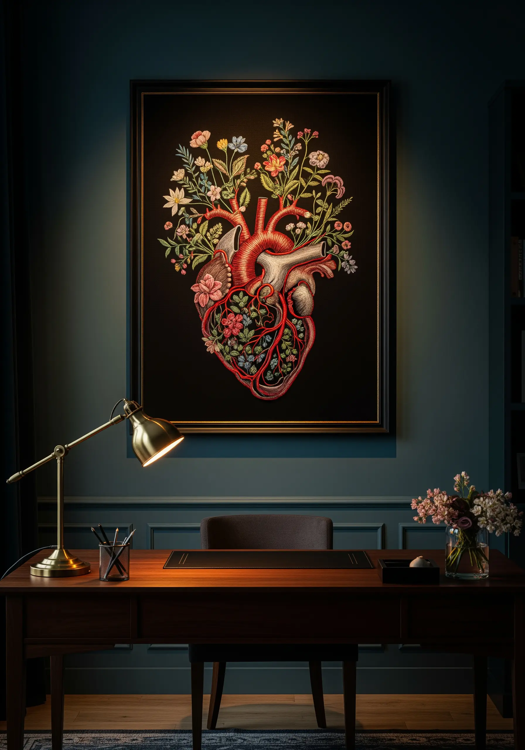 Anatomical heart embroidery blooming with detailed, colorful flowers on a black background.