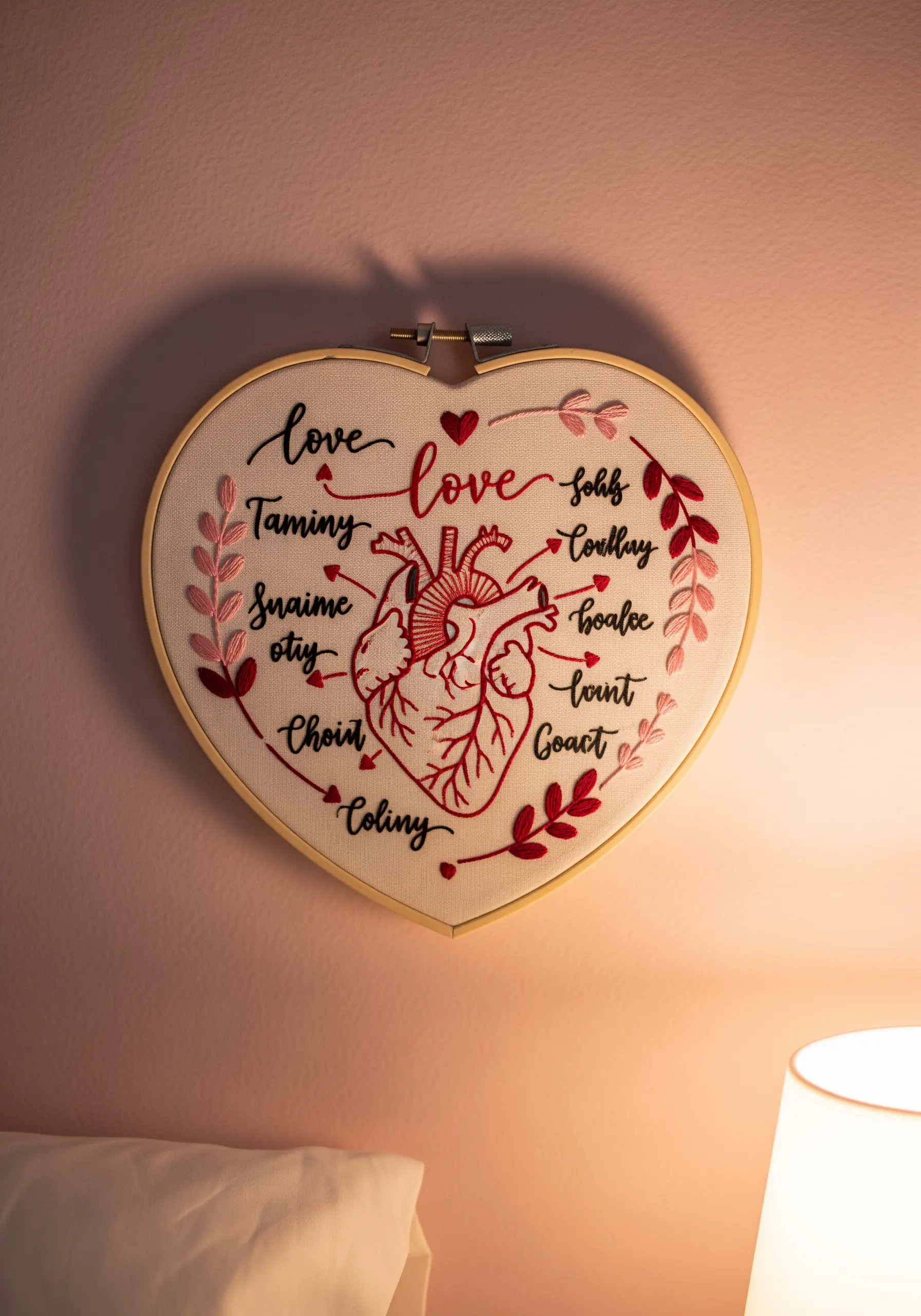 Embroidered anatomical heart in a heart-shaped hoop with botanical and text elements.