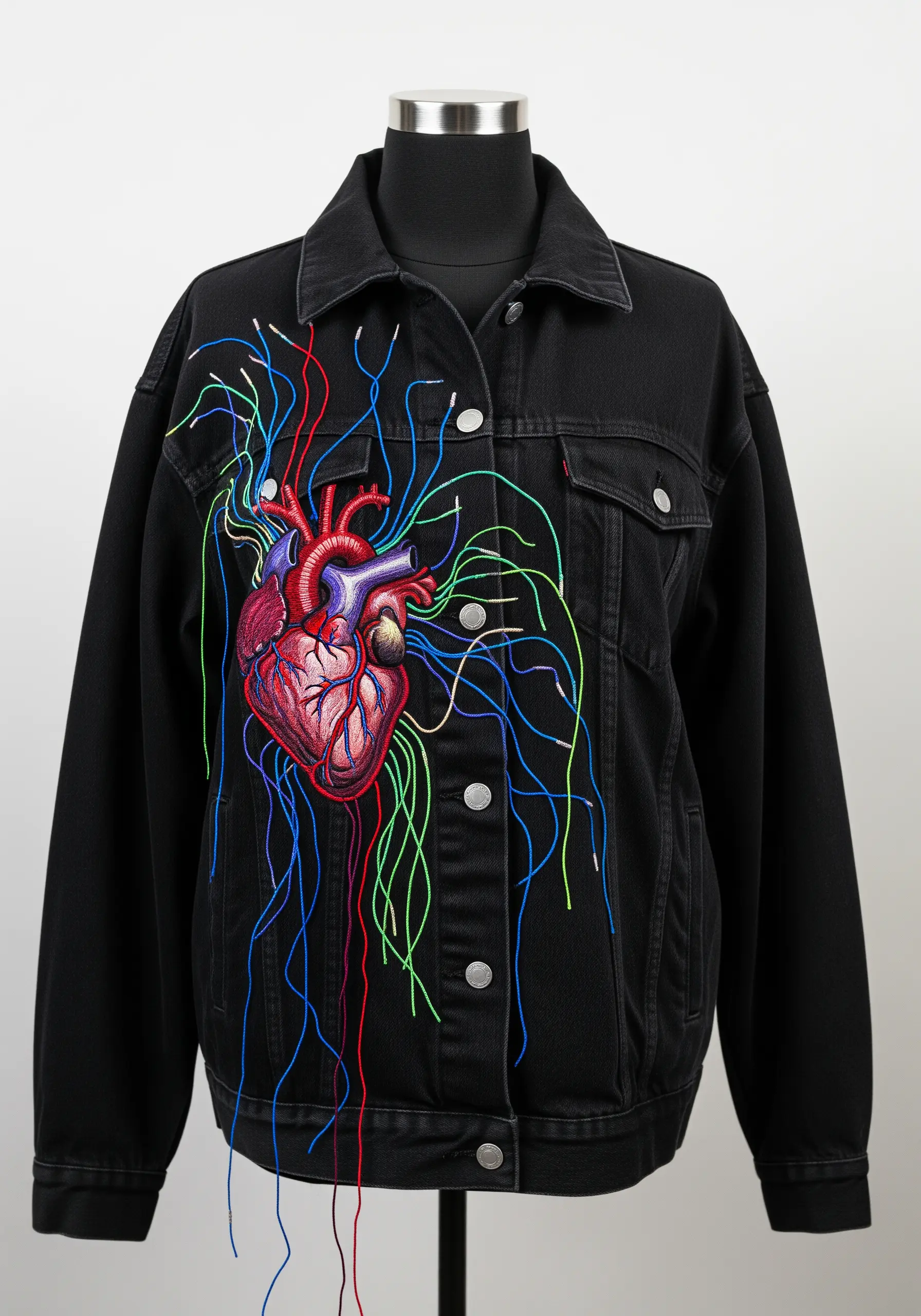 Anatomical heart embroidered on a denim jacket with long, colorful threads extending outwards.