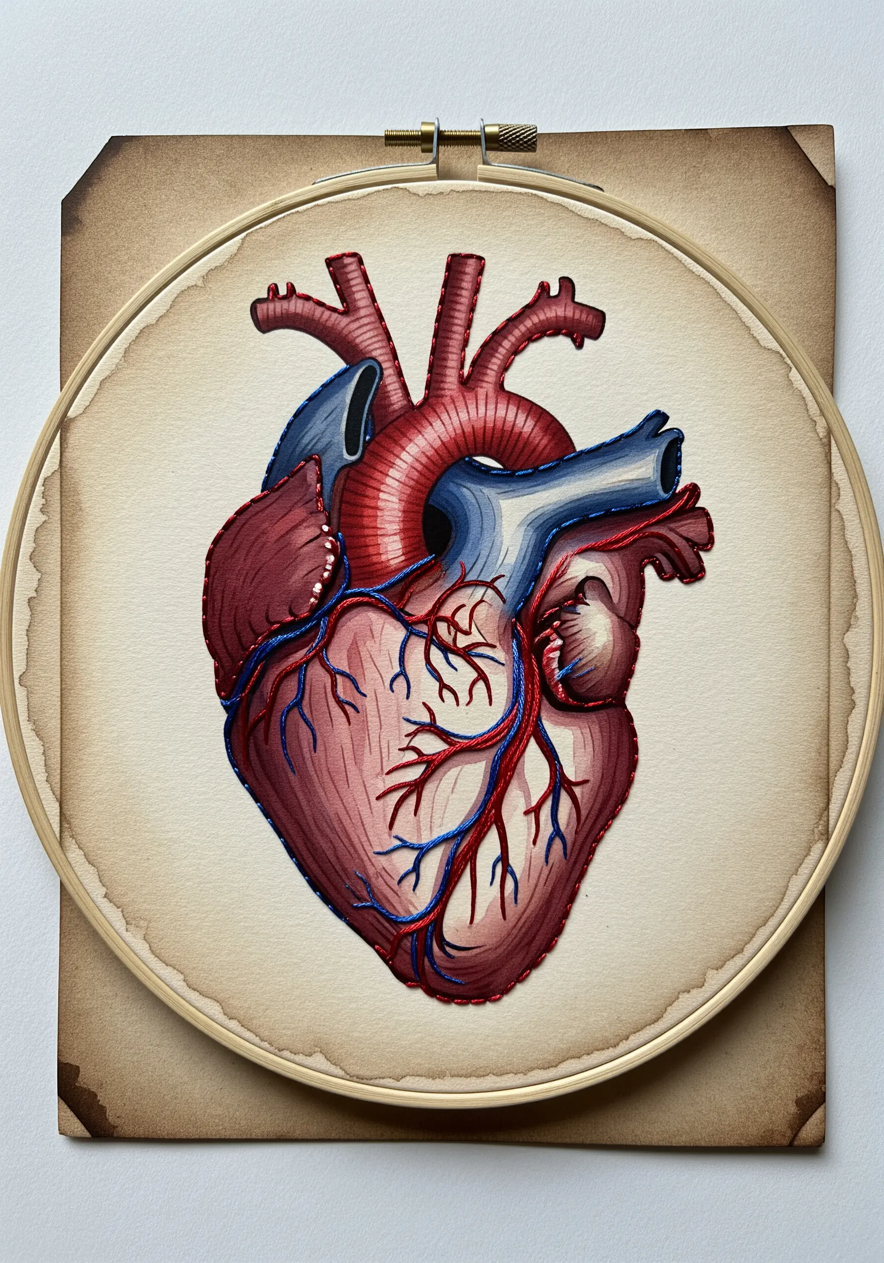 Anatomical heart embroidered with thread painting on coffee-stained paper.