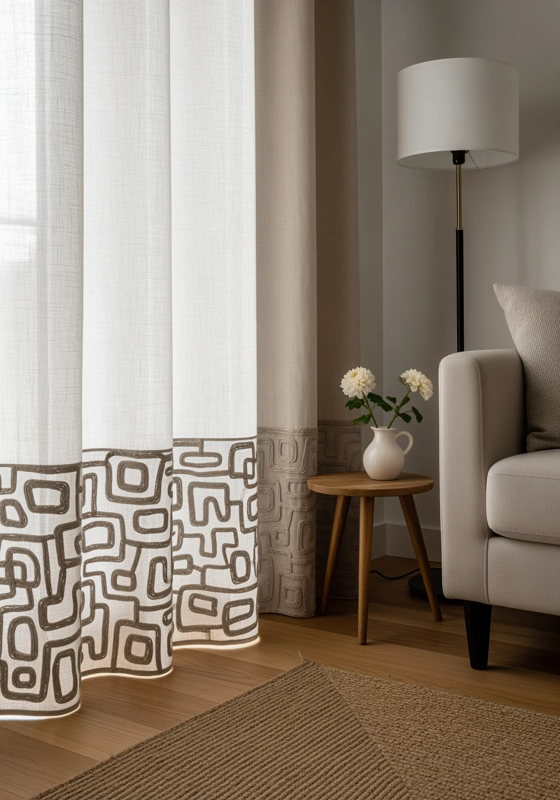 Curtains with a heavy, abstract geometric border embroidered in dark brown