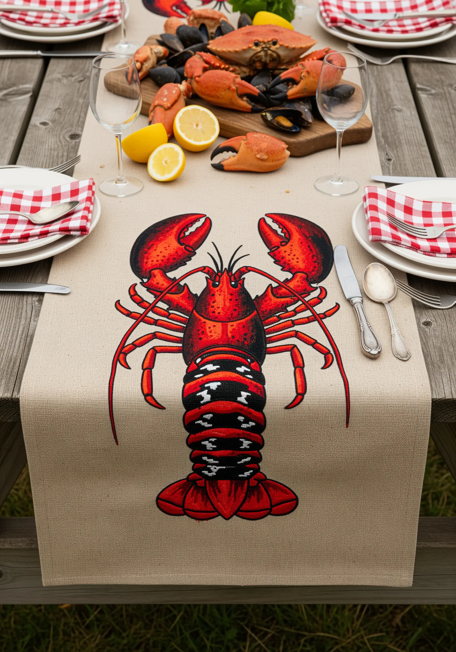 A large, bright red lobster embroidered at the end of a burlap table runner.