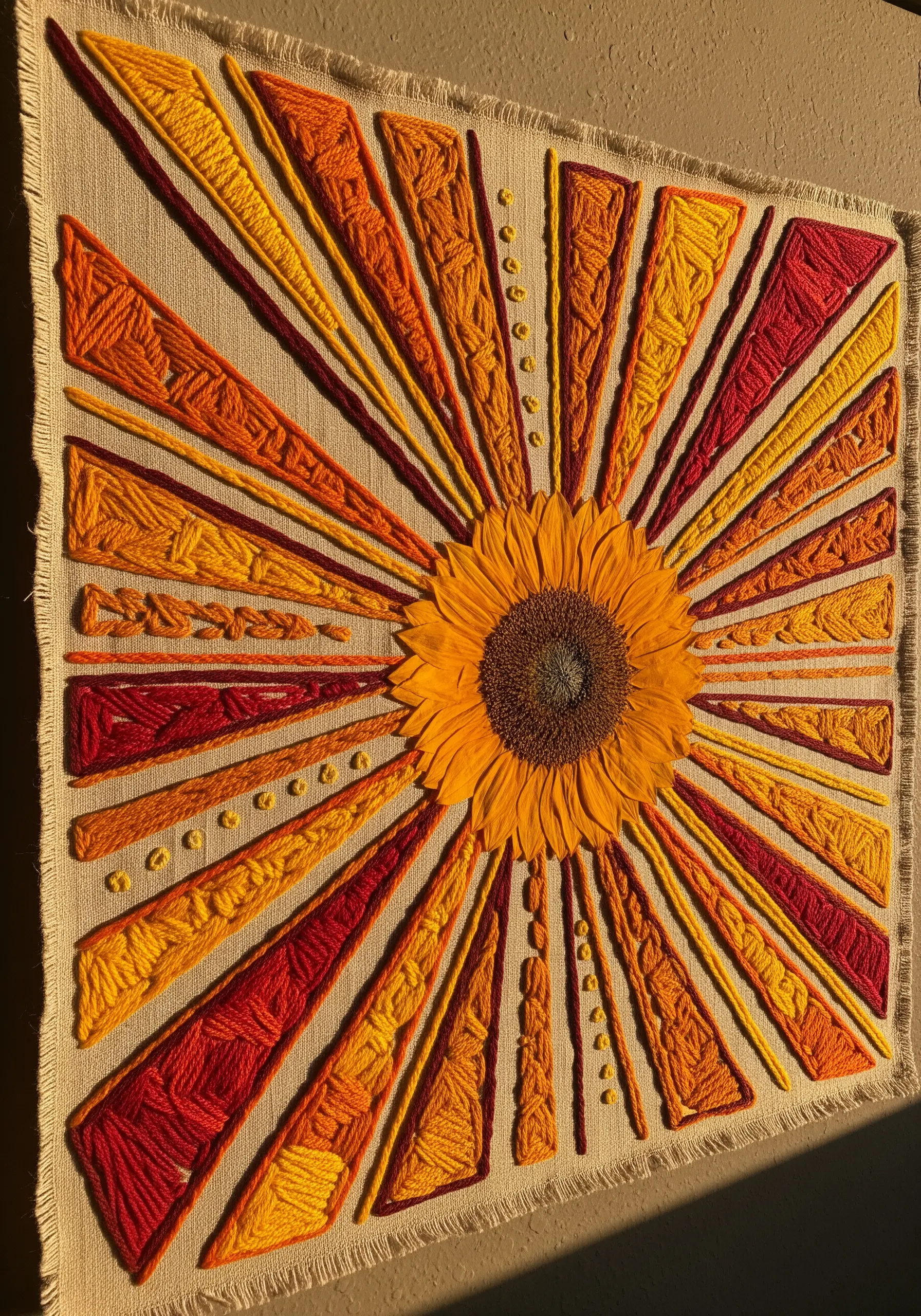 A pressed sunflower at the center of a radiating sunburst embroidered with thick orange and yellow yarn.
