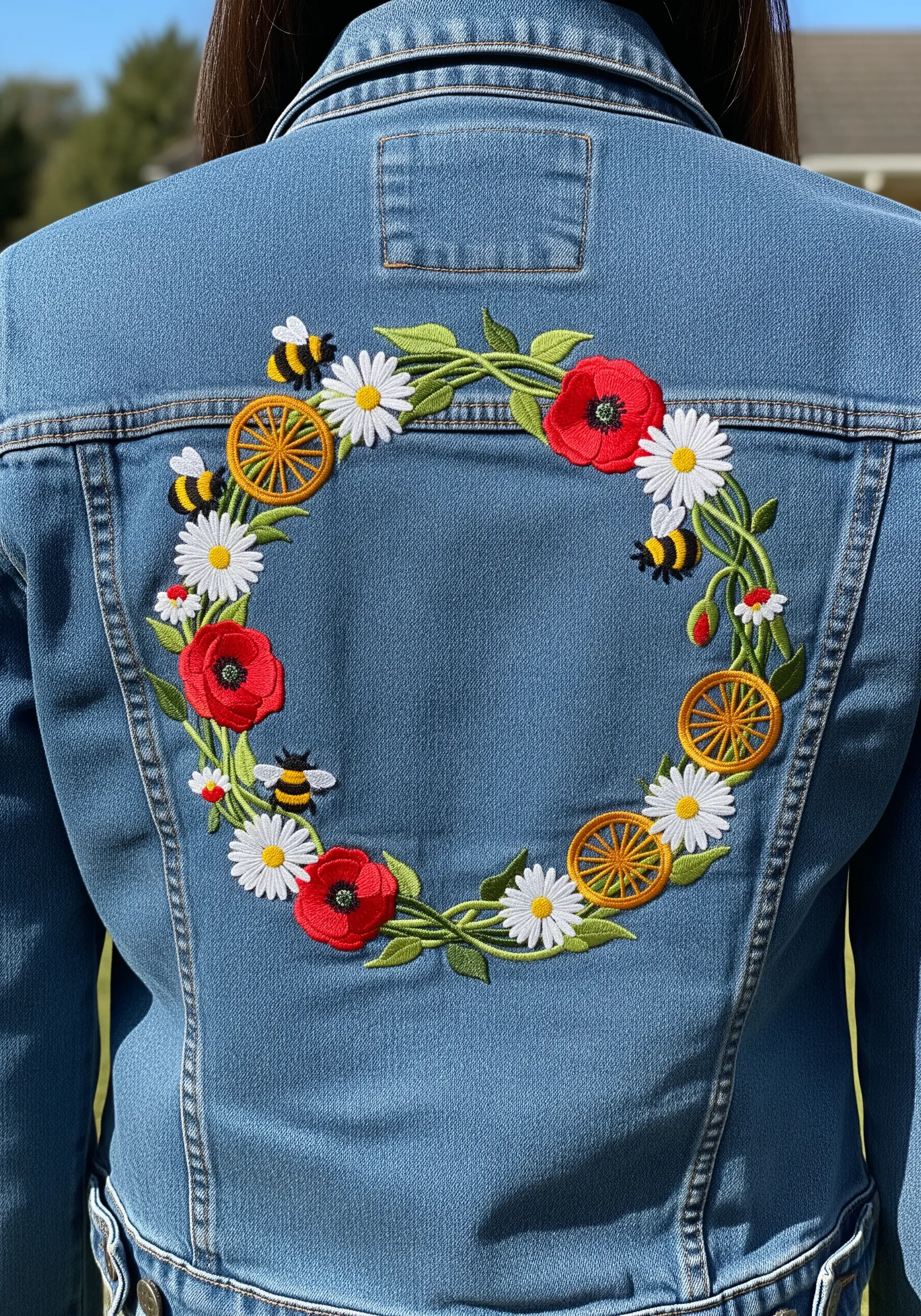A floral wreath with poppies, daisies, and bees embroidered on the back of a denim jacket.