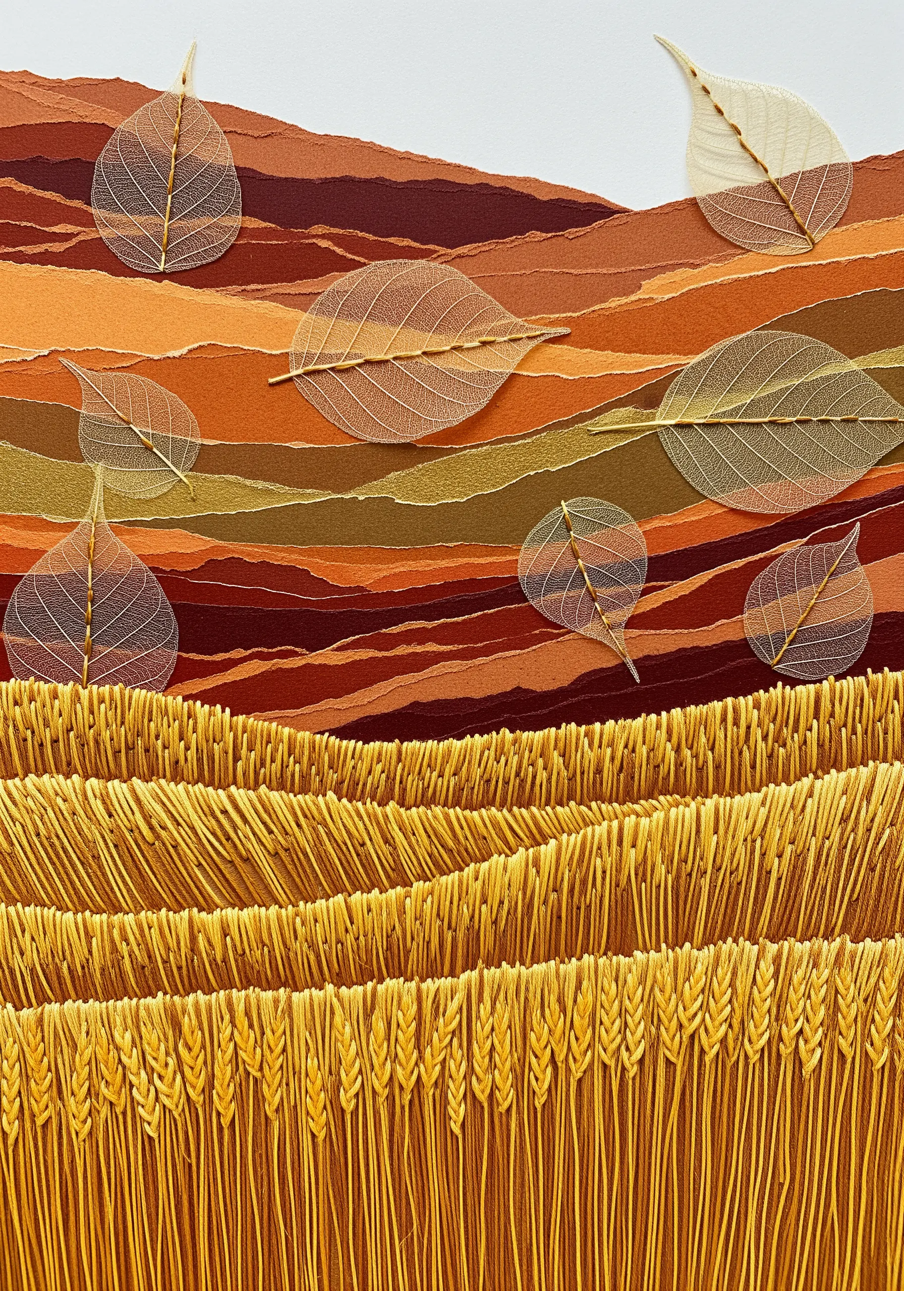 A landscape collage with skeleton leaves stitched onto hills of dense, golden straight stitches.