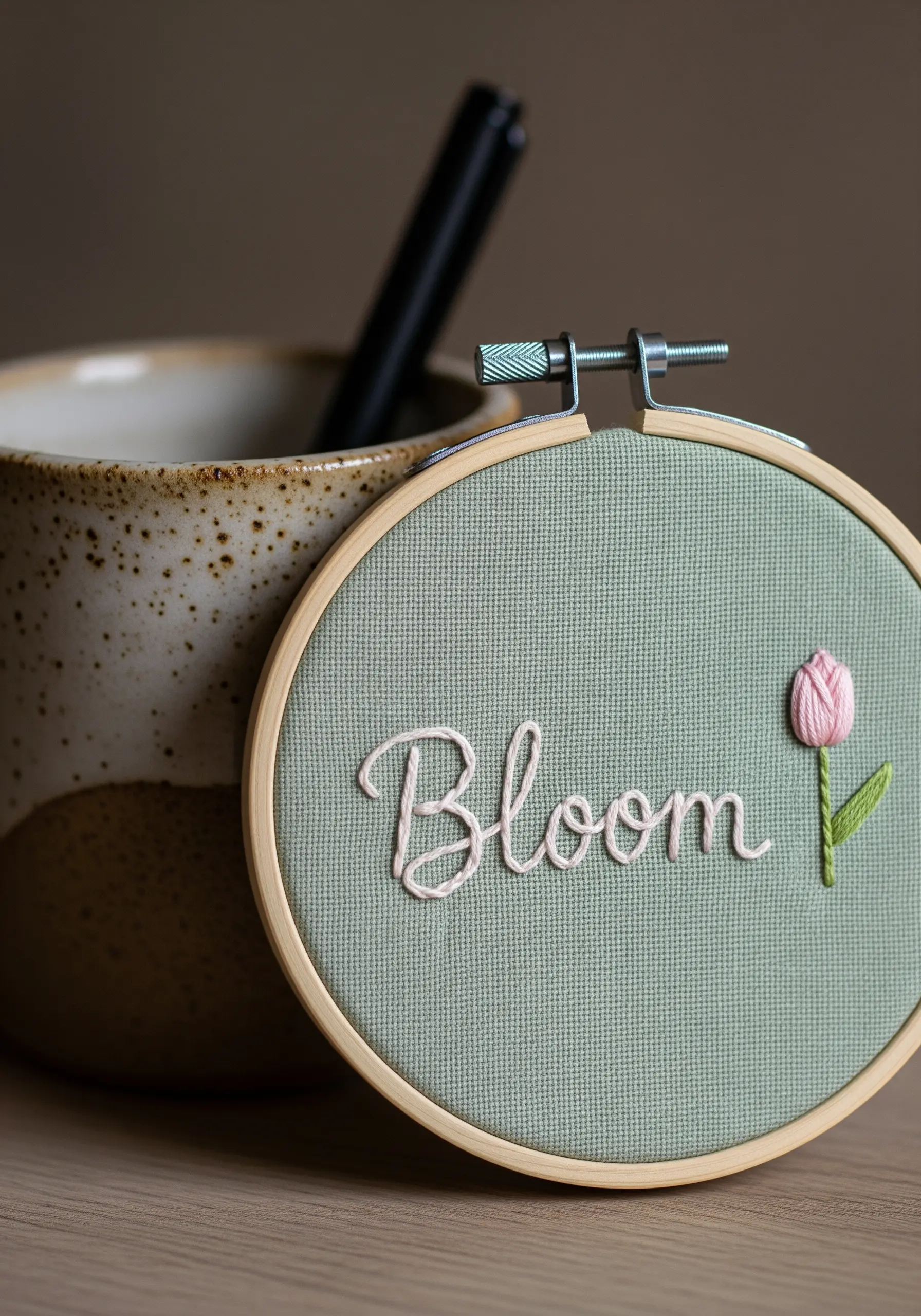 Cursive word 'Bloom' stitched in pink with a small embroidered tulip.