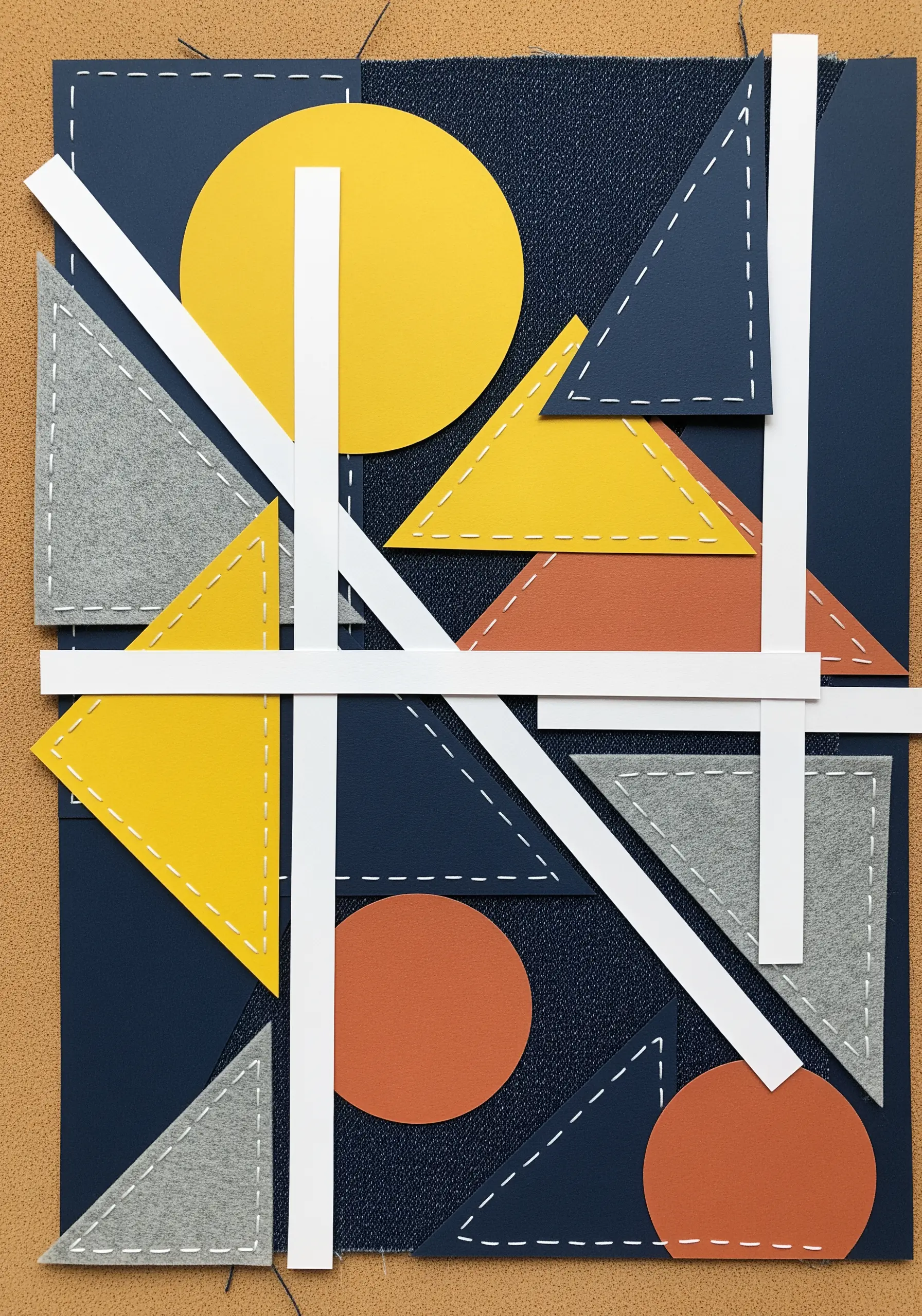 Geometric collage of felt and paper shapes secured with a neat white running stitch