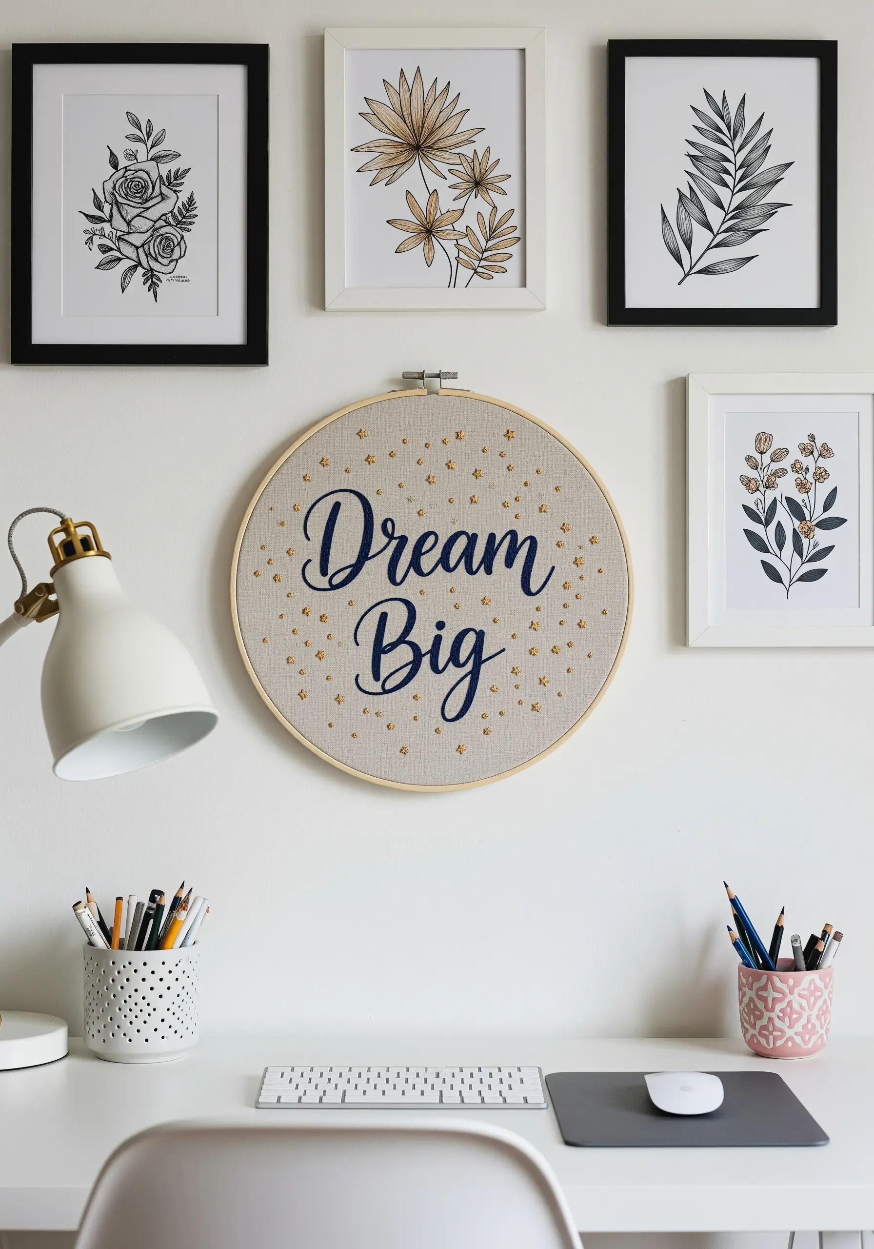 An embroidery hoop with the words Dream Big in navy thread, surrounded by tiny gold star stitches.