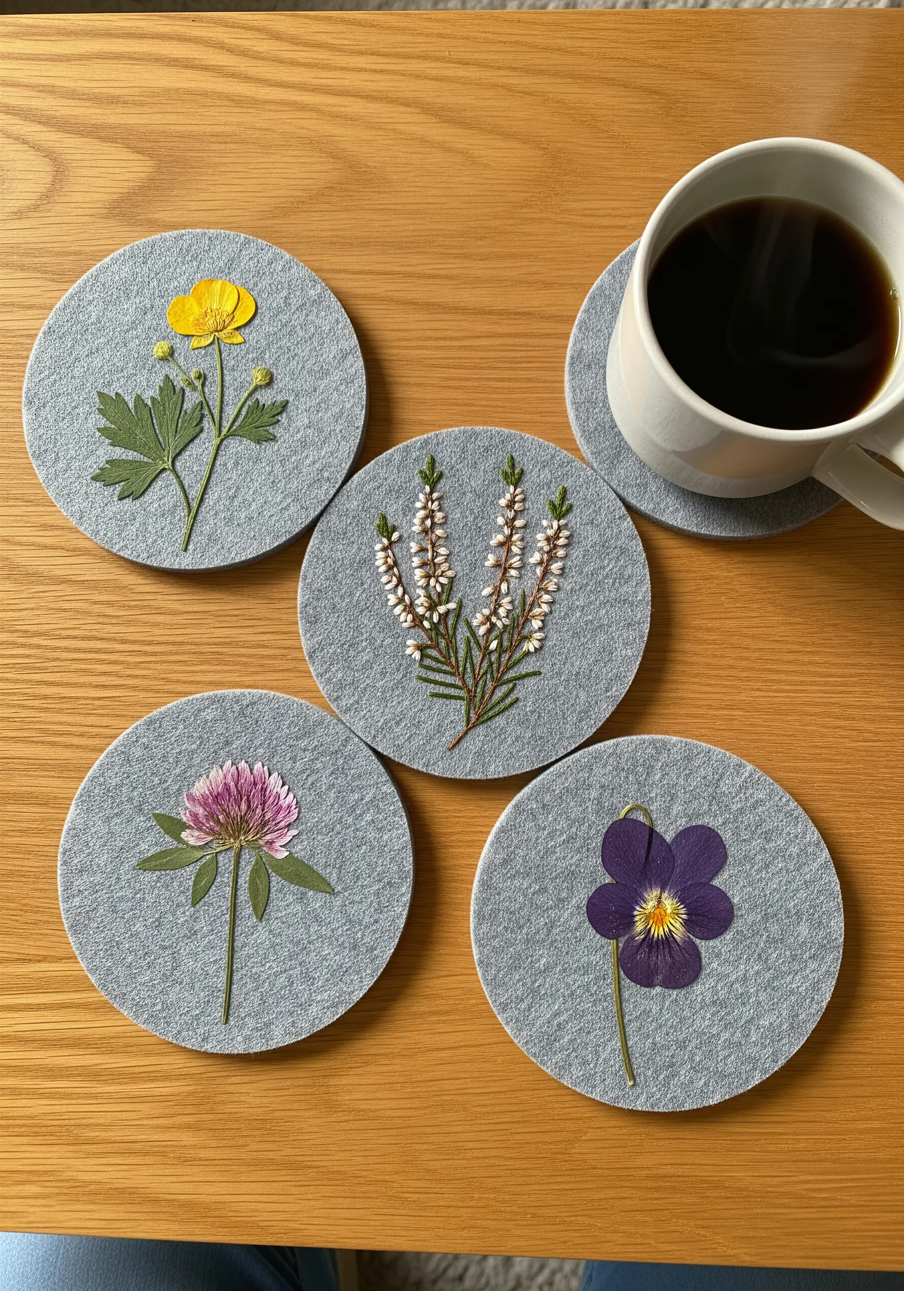 Four grey felt coasters, each adorned with a single, different real pressed flower.