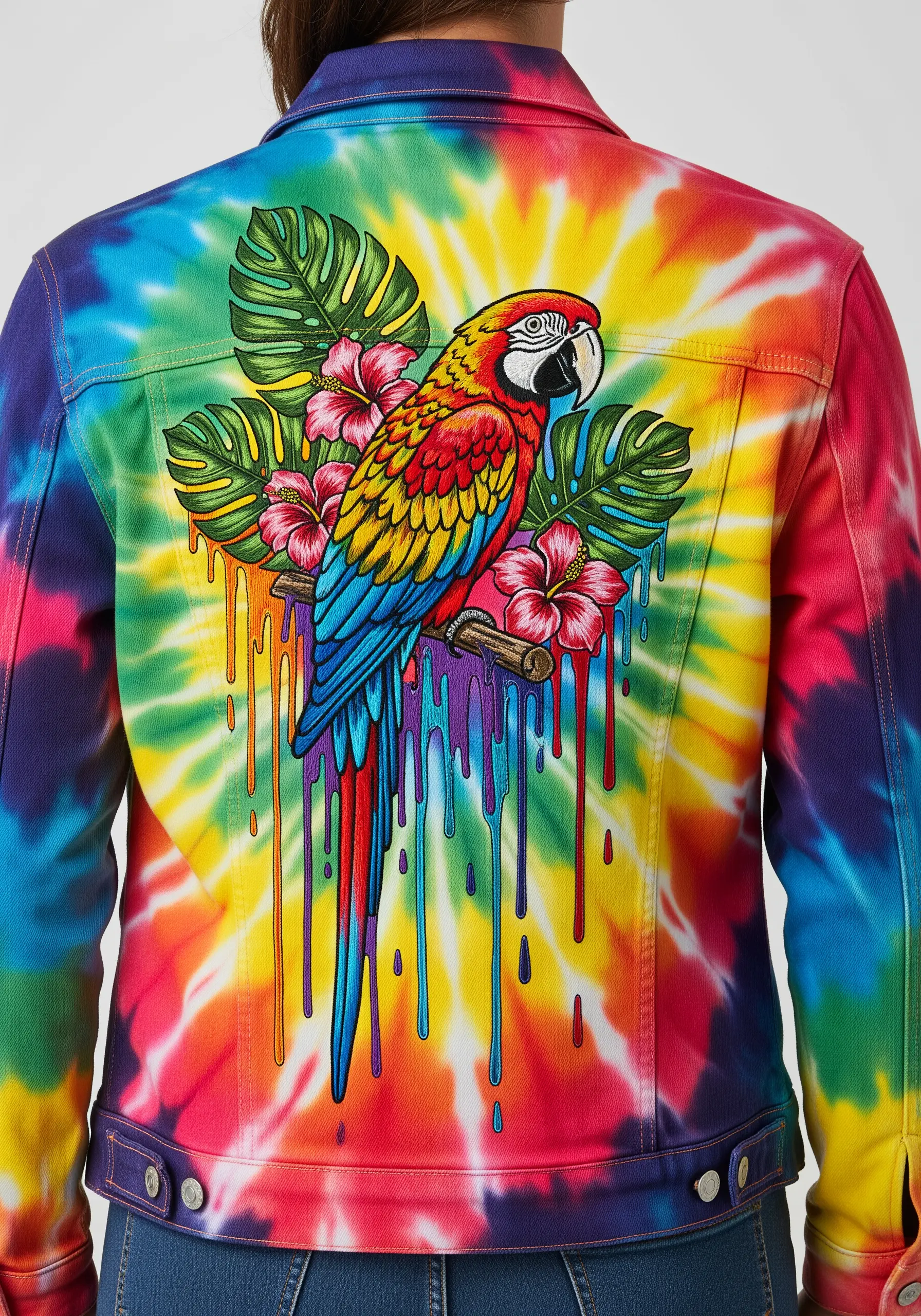 An embroidered macaw with dripping paint effects on the back of a vibrant tie-dye jacket.