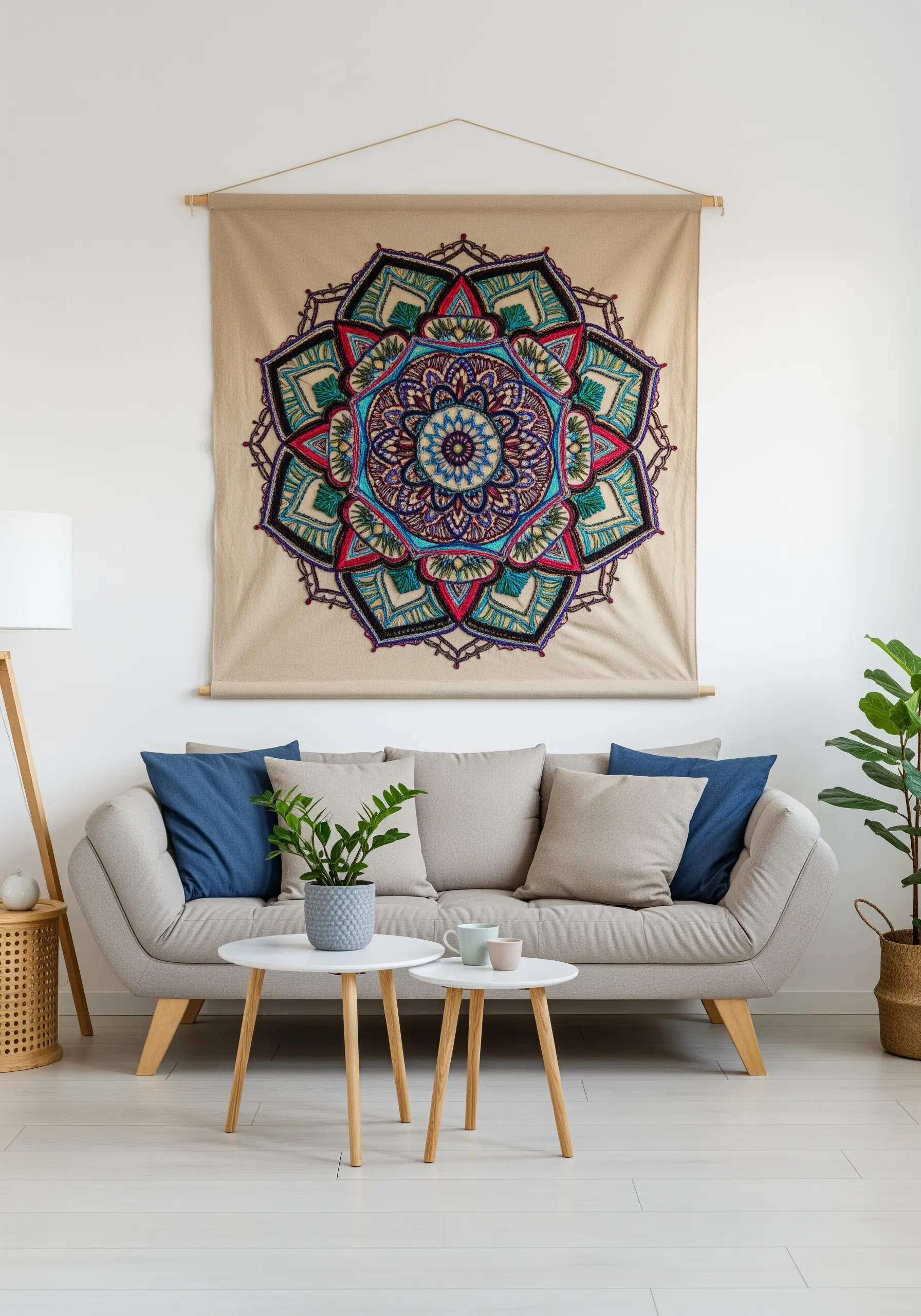 A large, colorful embroidered mandala tapestry hanging on the wall above a sofa