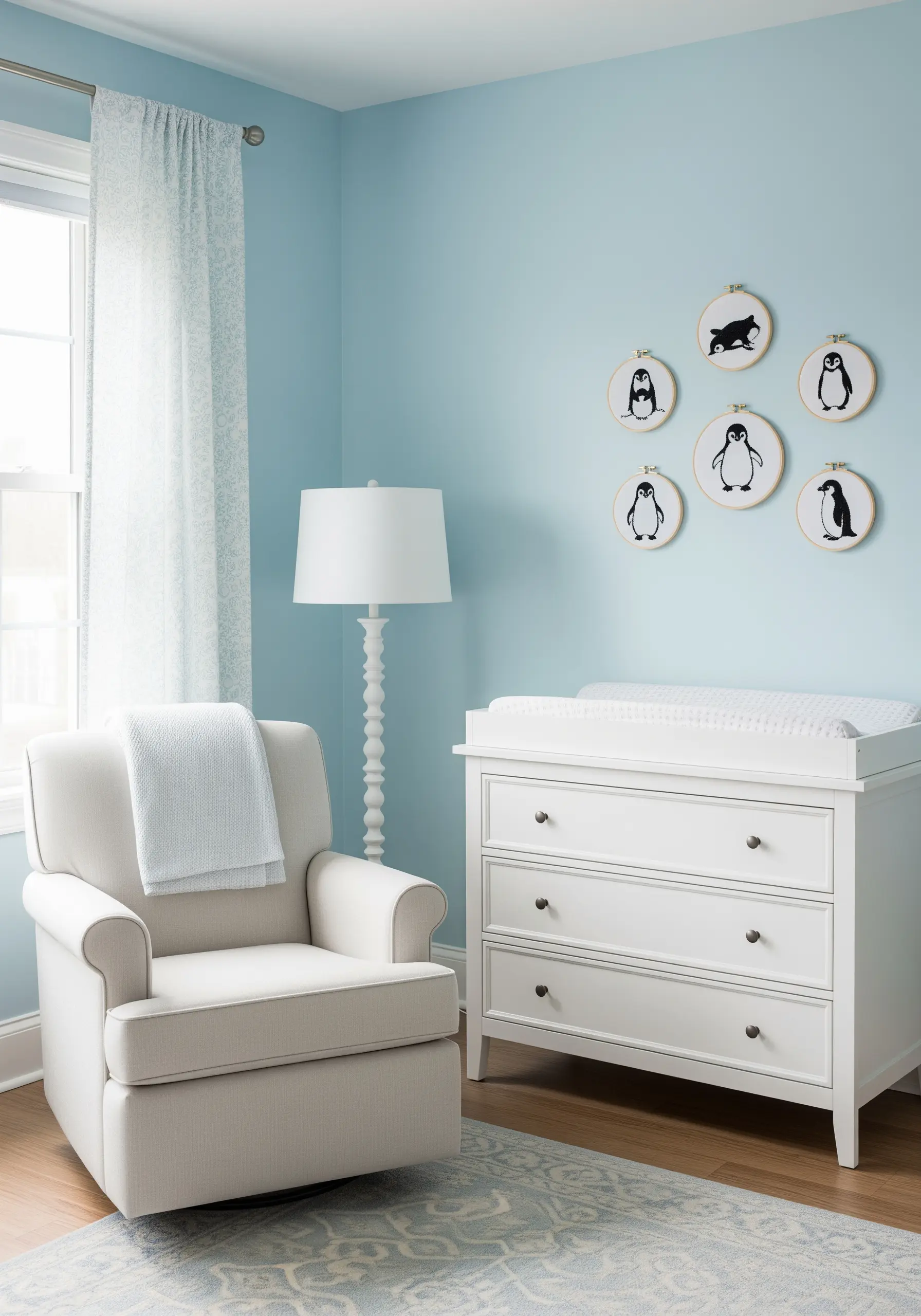 A collection of six small embroidery hoops featuring penguins in various poses, arranged on a light blue nursery wall.