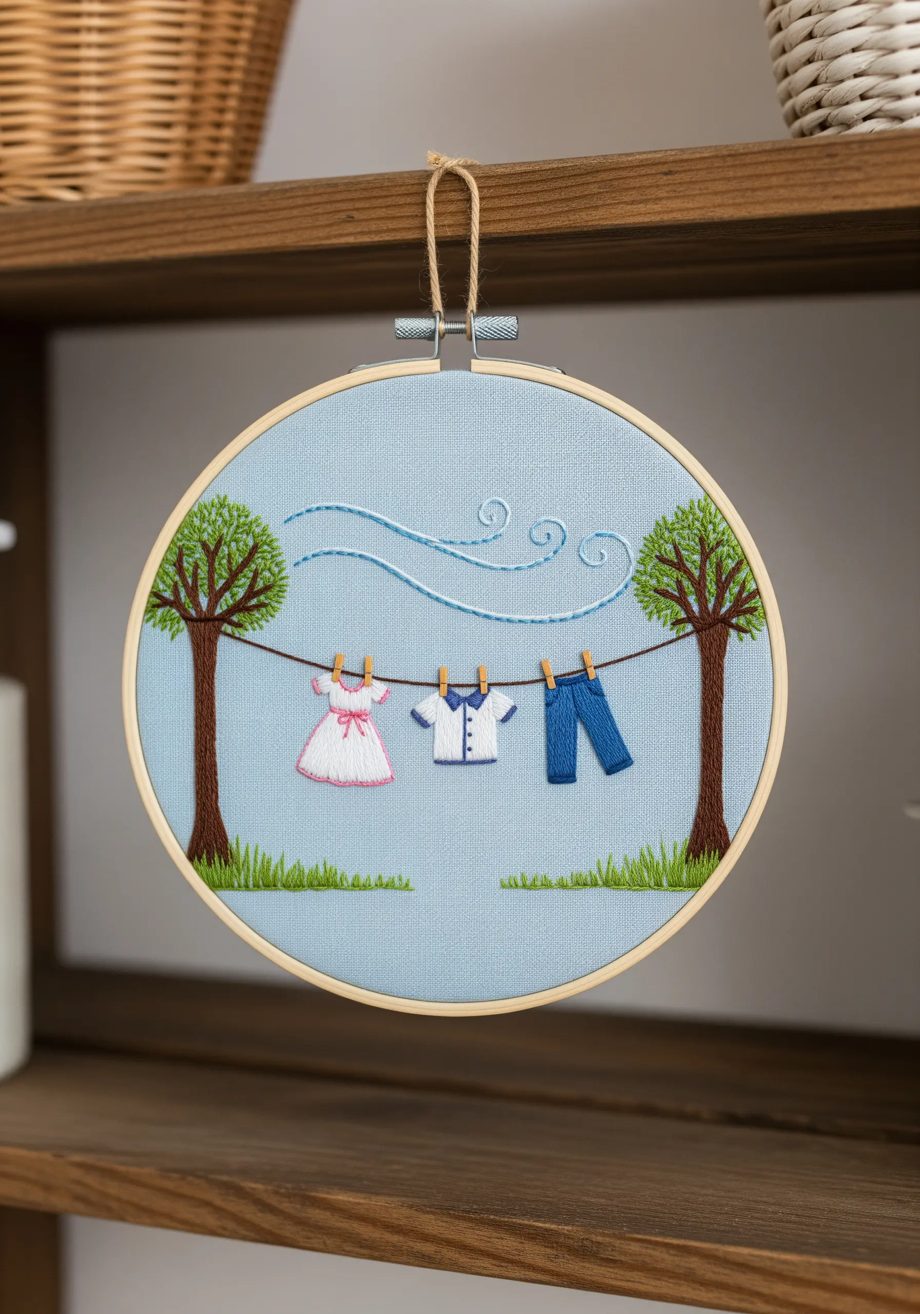 Embroidery hoop art of miniature clothes hanging on a clothesline in the breeze