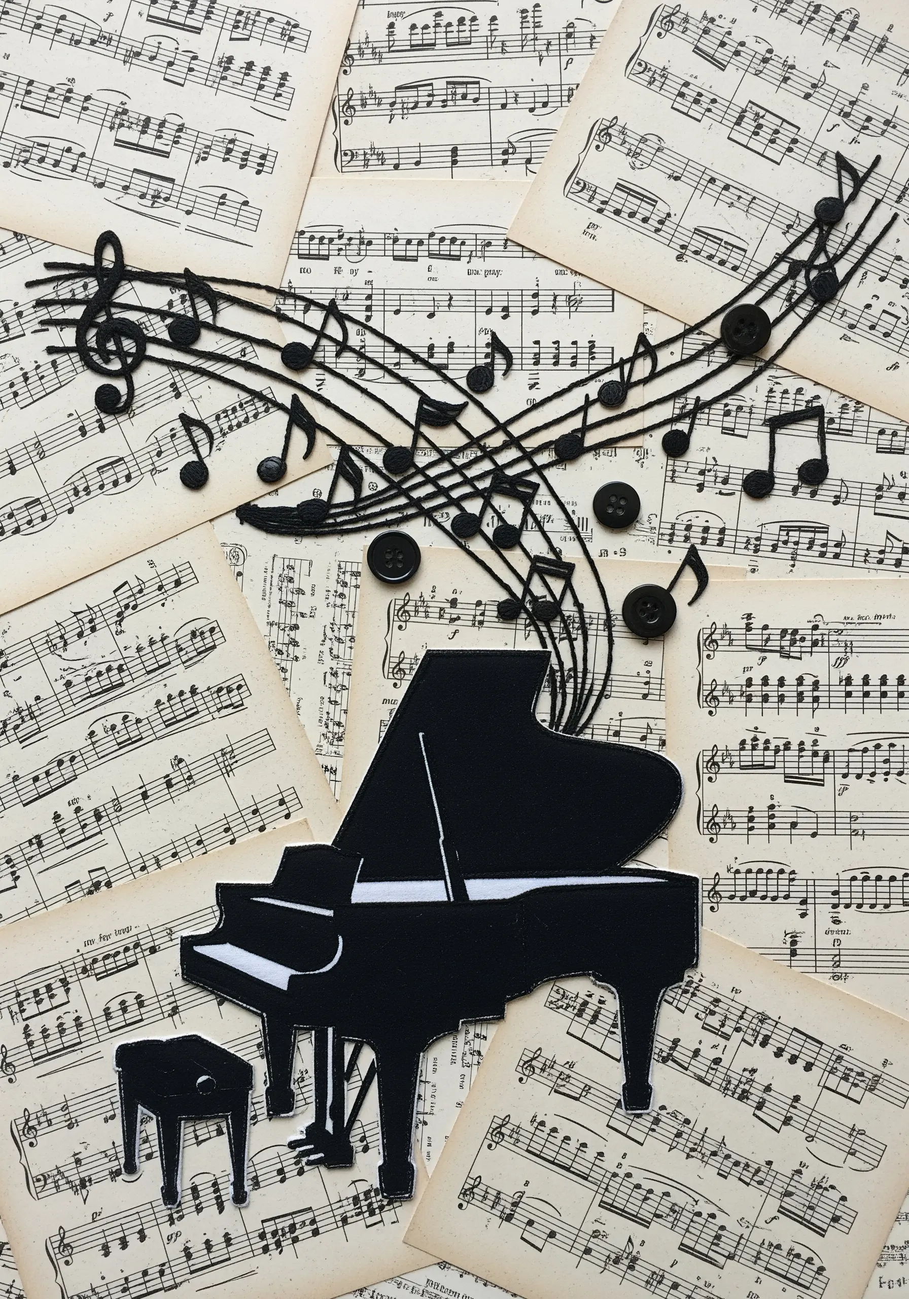 A black felt piano silhouette with flowing lines of embroidered music notes