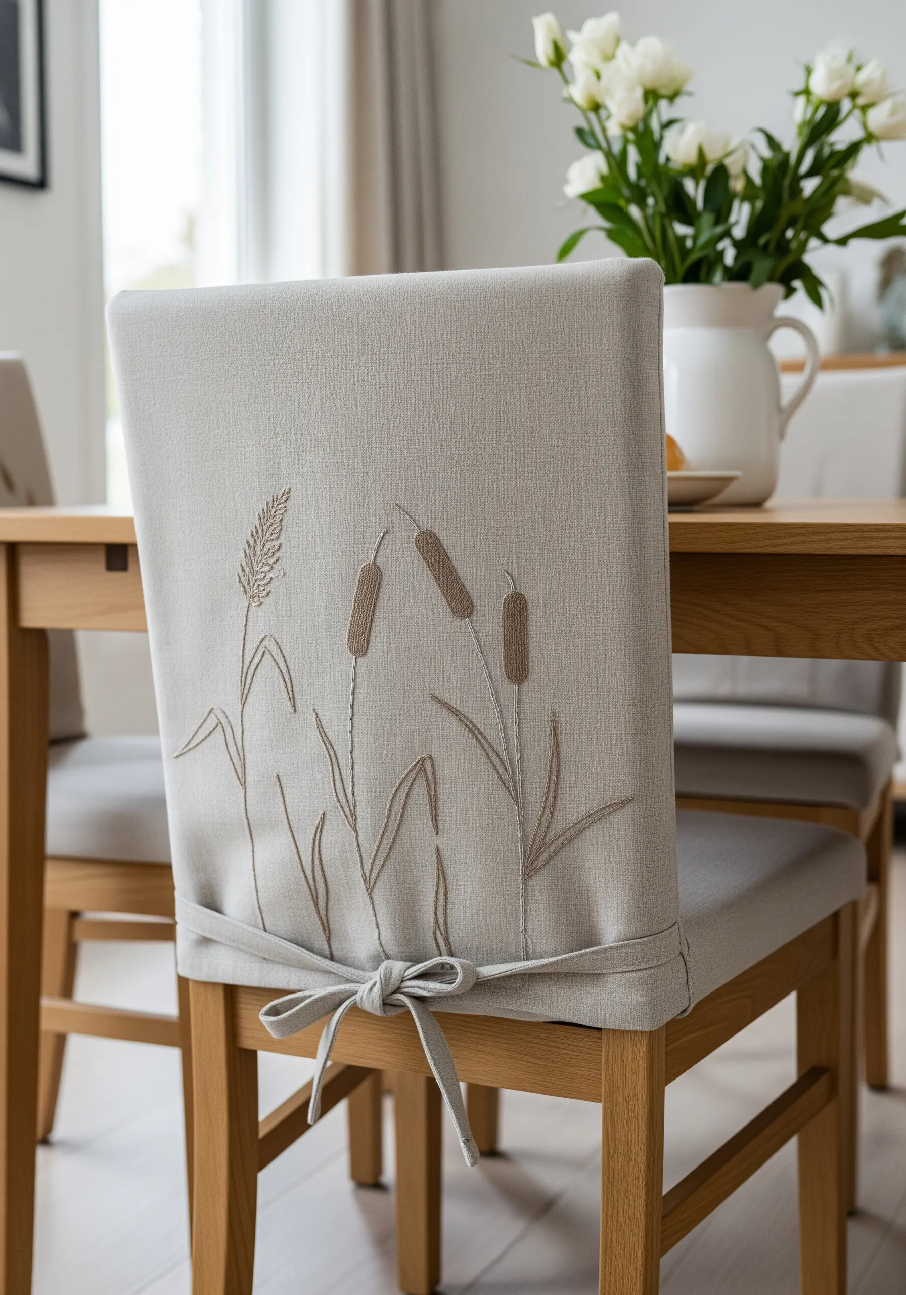 Dining chair cover with delicately embroidered cattails in brown and beige thread.
