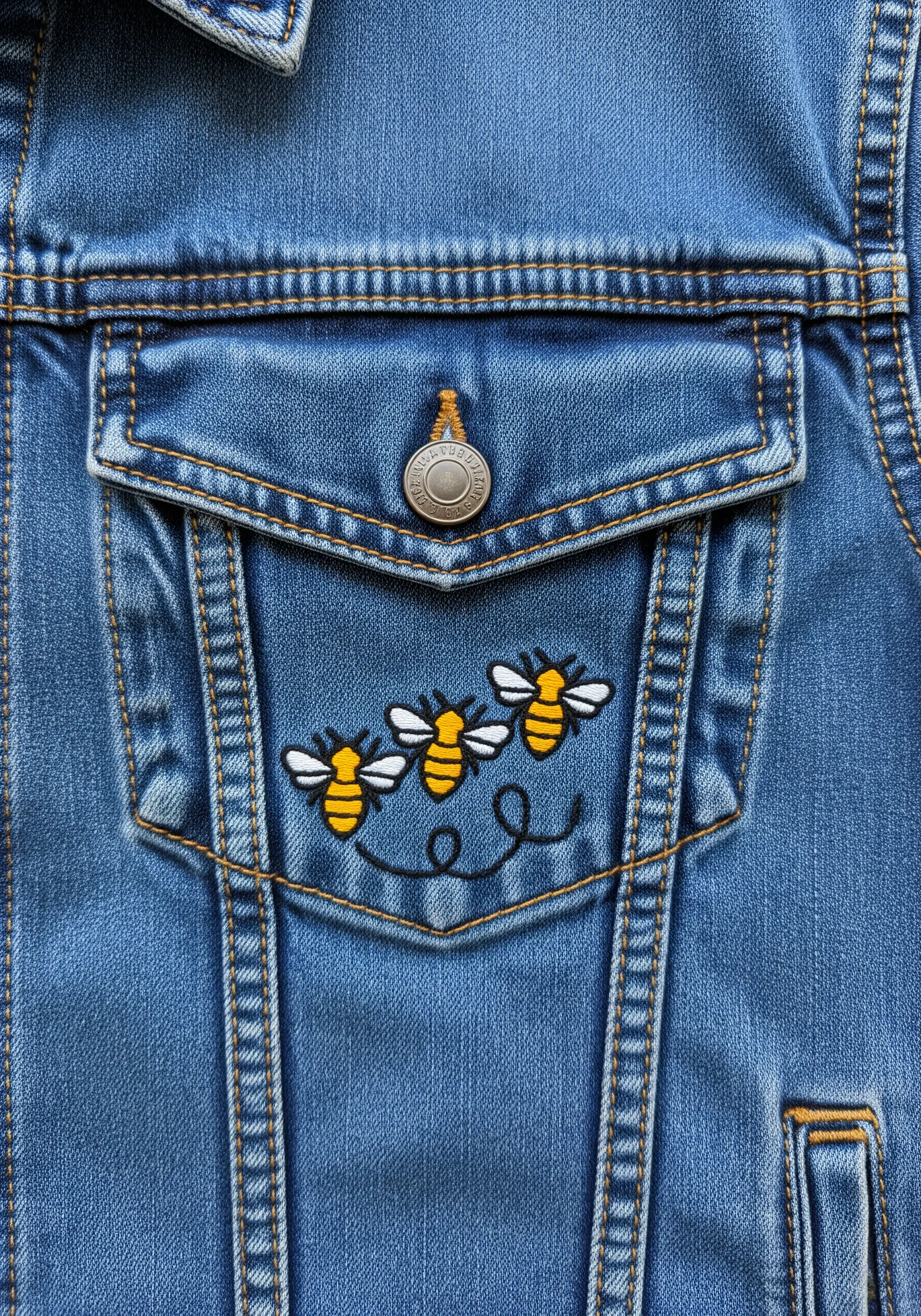 Three embroidered bees with flight trails on a denim jacket pocket.