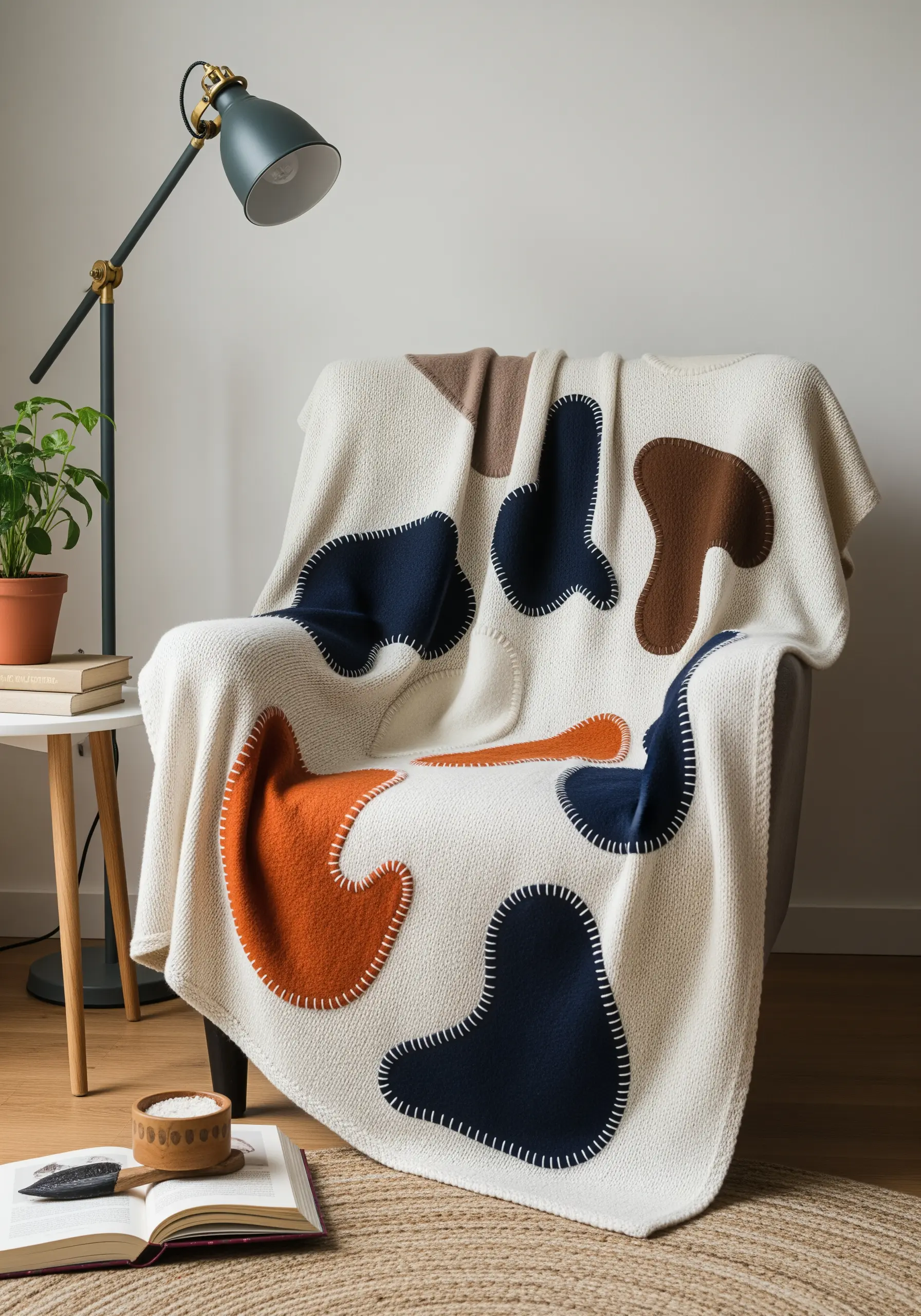 A cream-colored blanket decorated with large, abstract appliqué shapes in blue, orange, and brown.
