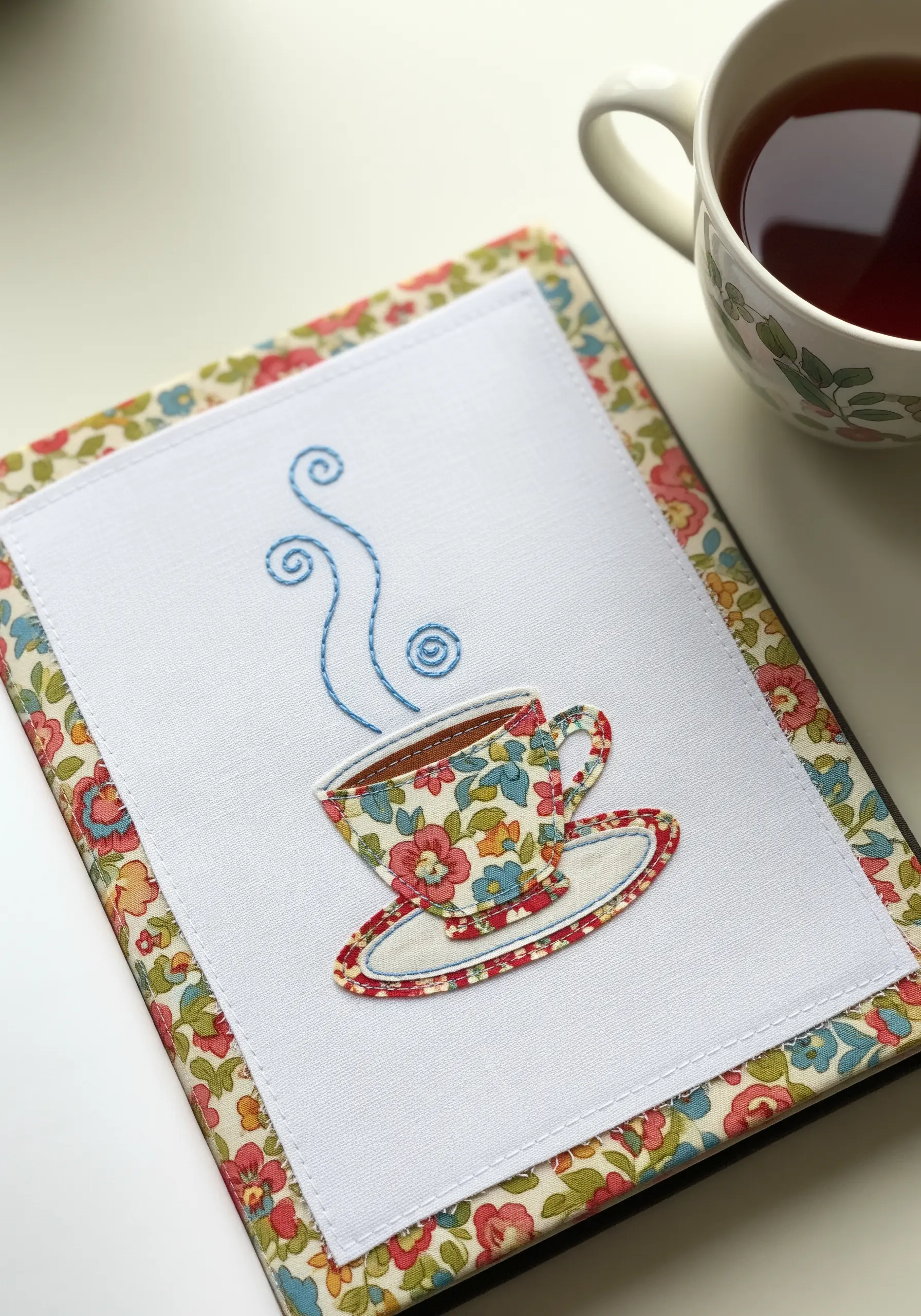 An appliqué of a floral-patterned teacup on a notebook cover, with blue embroidered steam