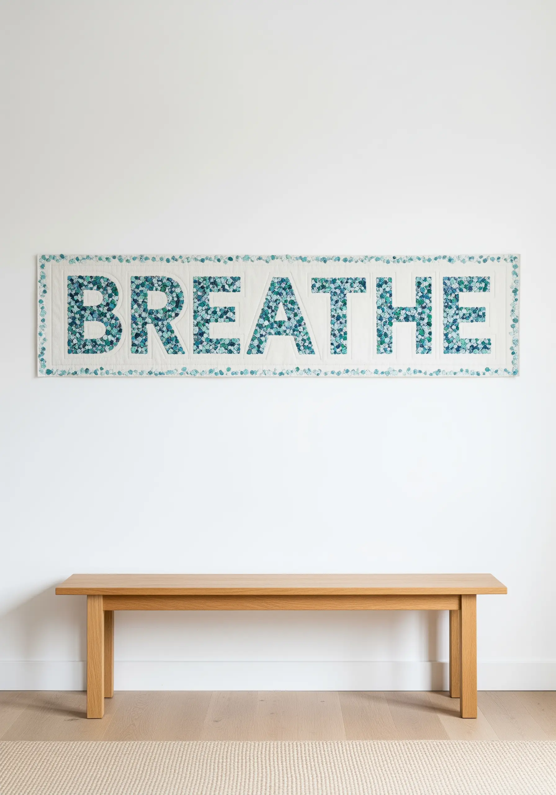Long textile banner with the word BREATHE in blue floral appliqué letters.