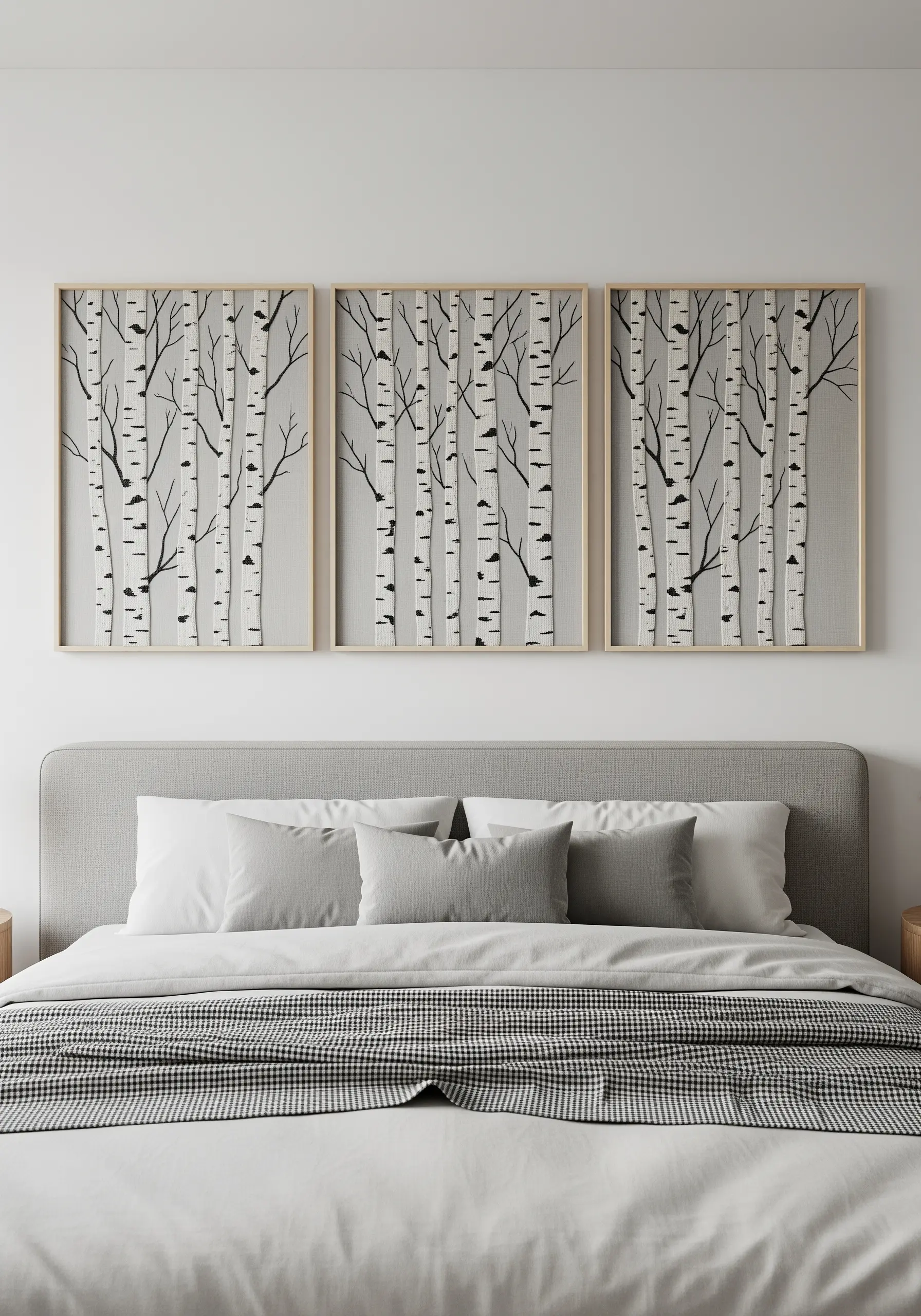 A triptych of framed fabric art depicting a forest of birch trees above a bed.