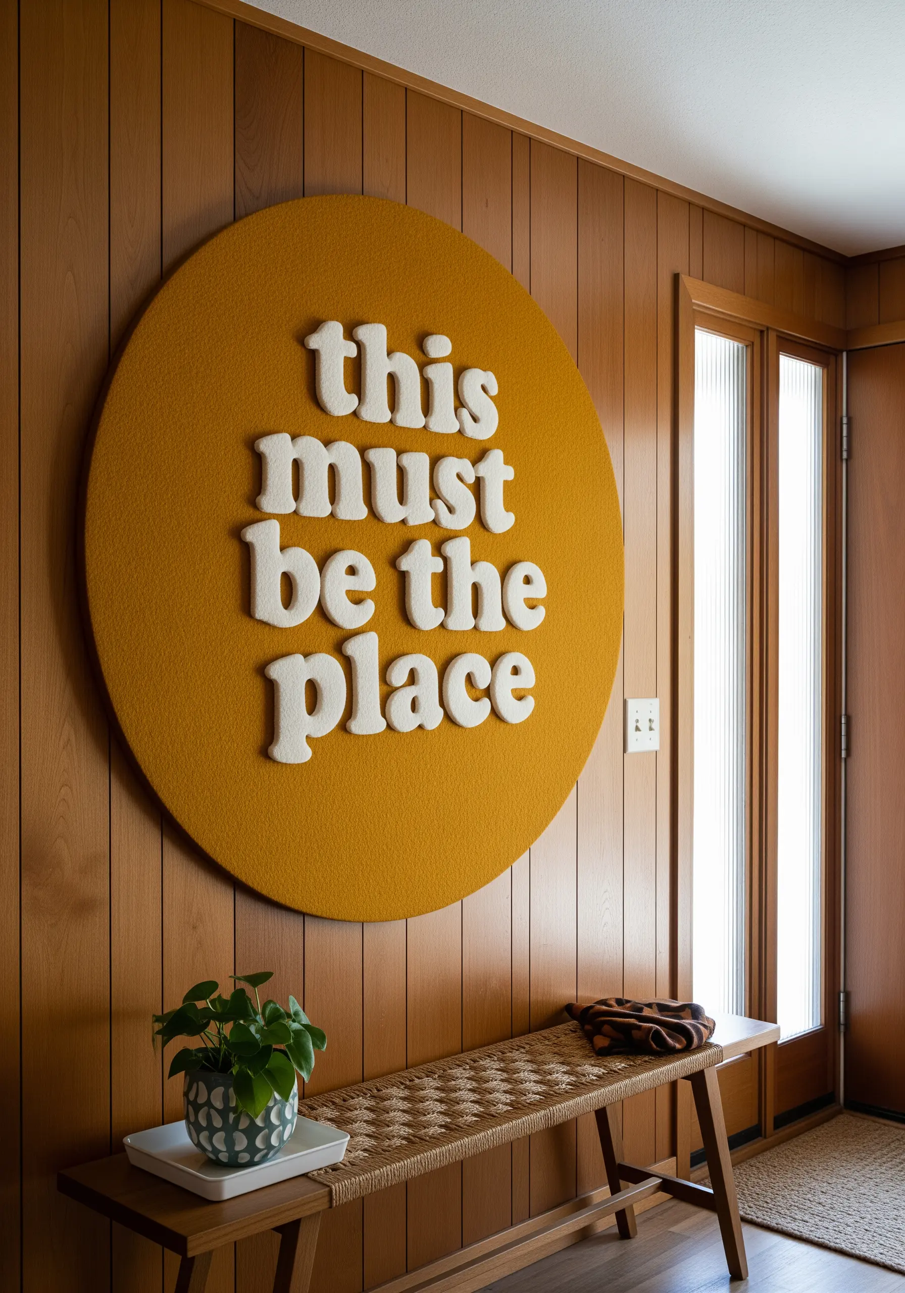 Large felt wall hanging with 'this must be the place' in white appliqué letters.