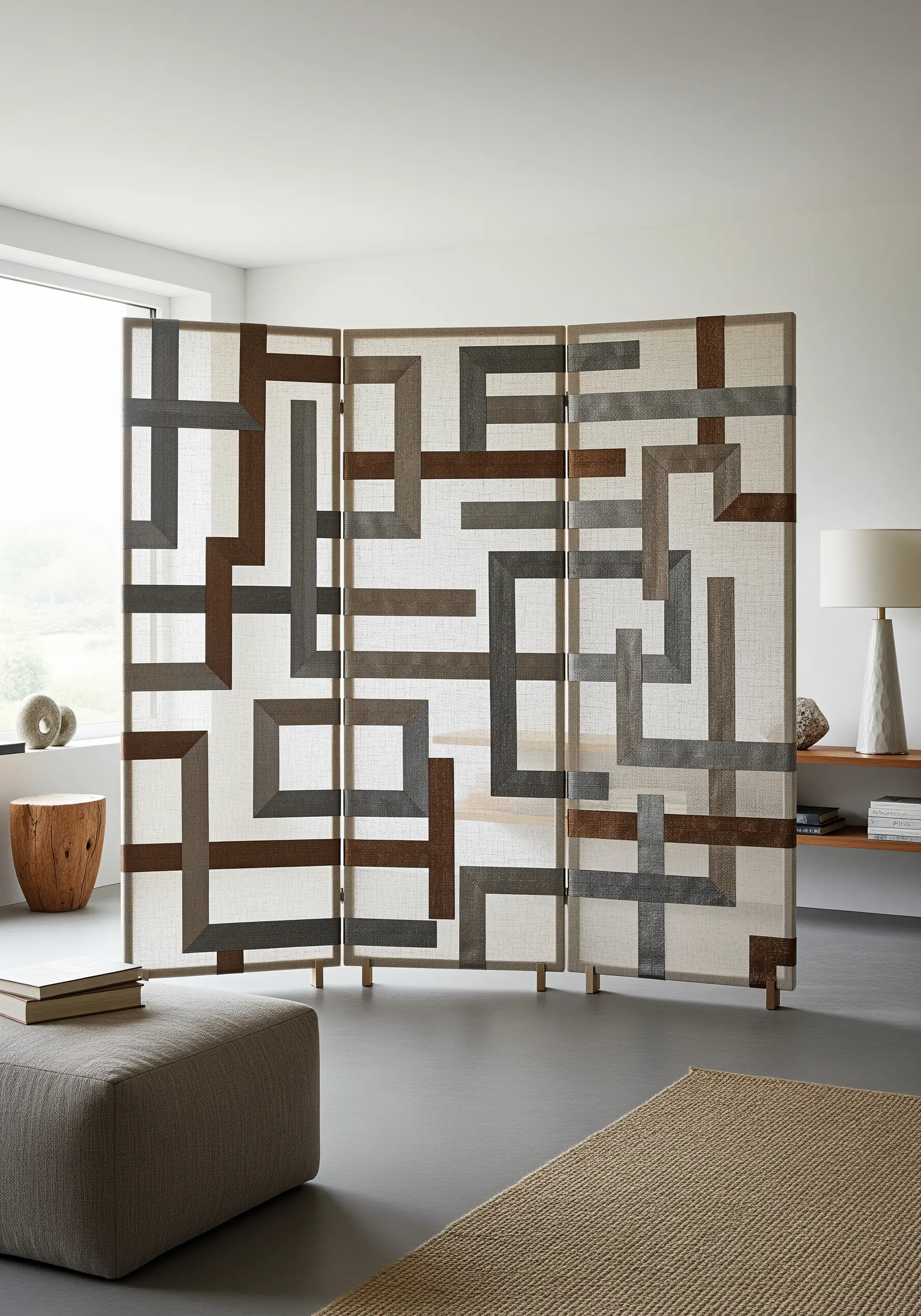 A room divider with panels of linen fabric featuring a geometric appliqué pattern.