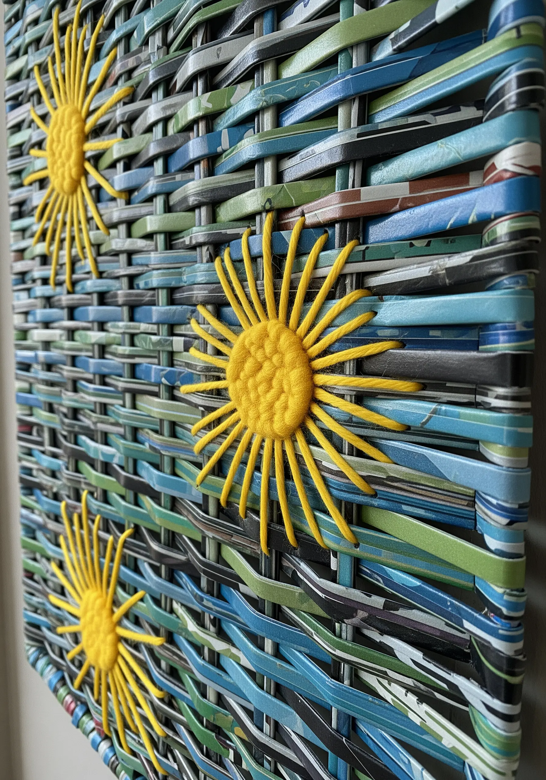 Yellow satin-stitched sun motifs appliquéd onto a blue and green woven paper background.