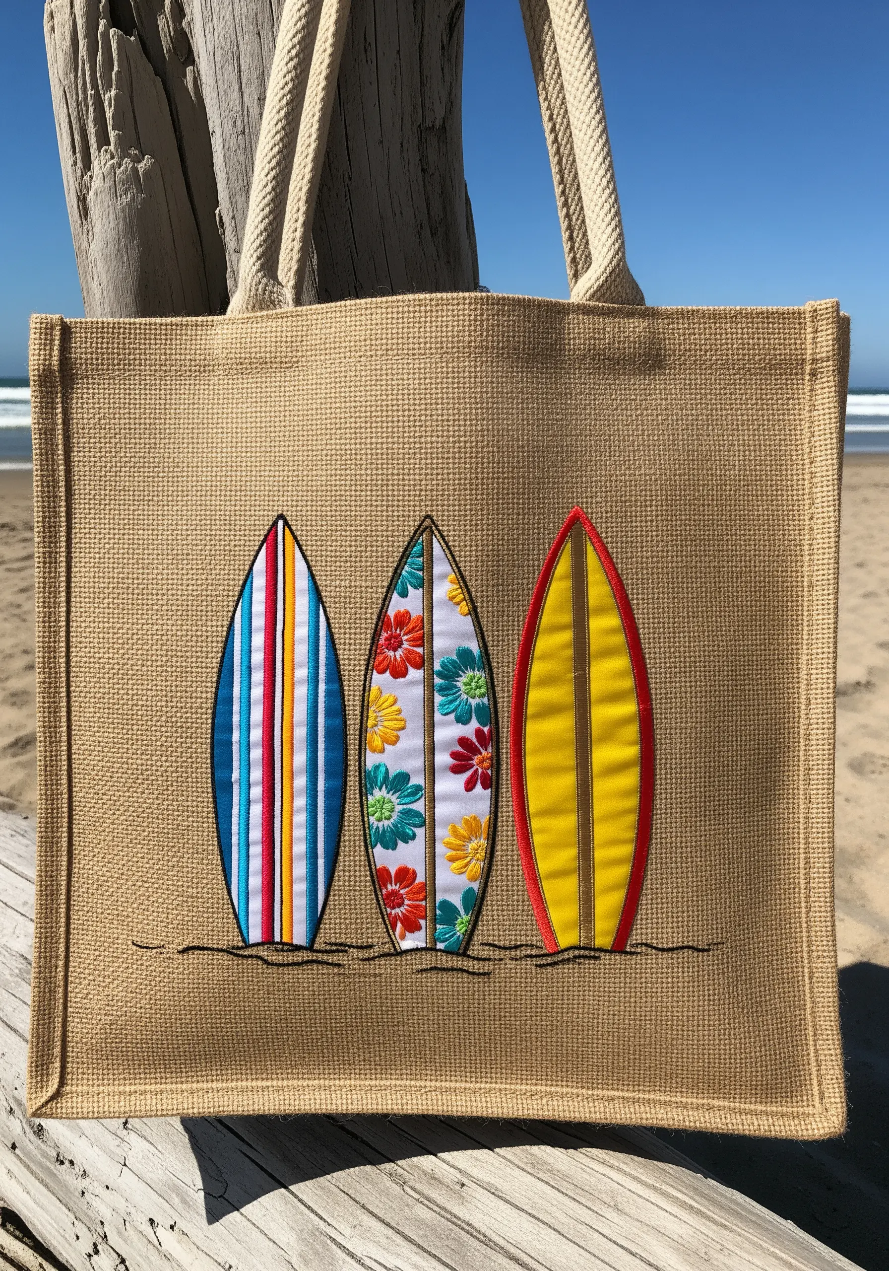 Three surfboards created with patterned fabric appliqué and satin stitch borders on a jute tote.