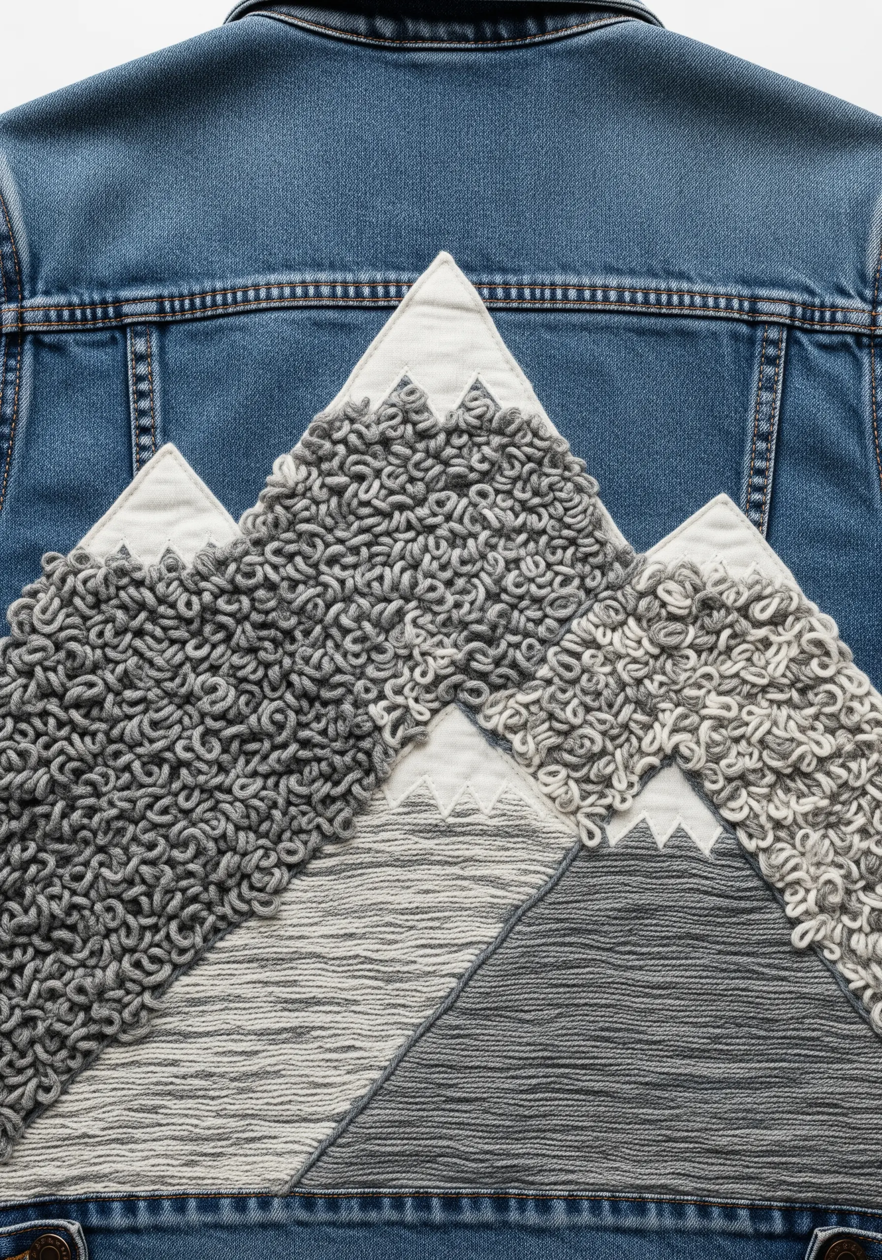 Mountain range on a denim jacket using appliqué, turkey stitch, and couched yarn.