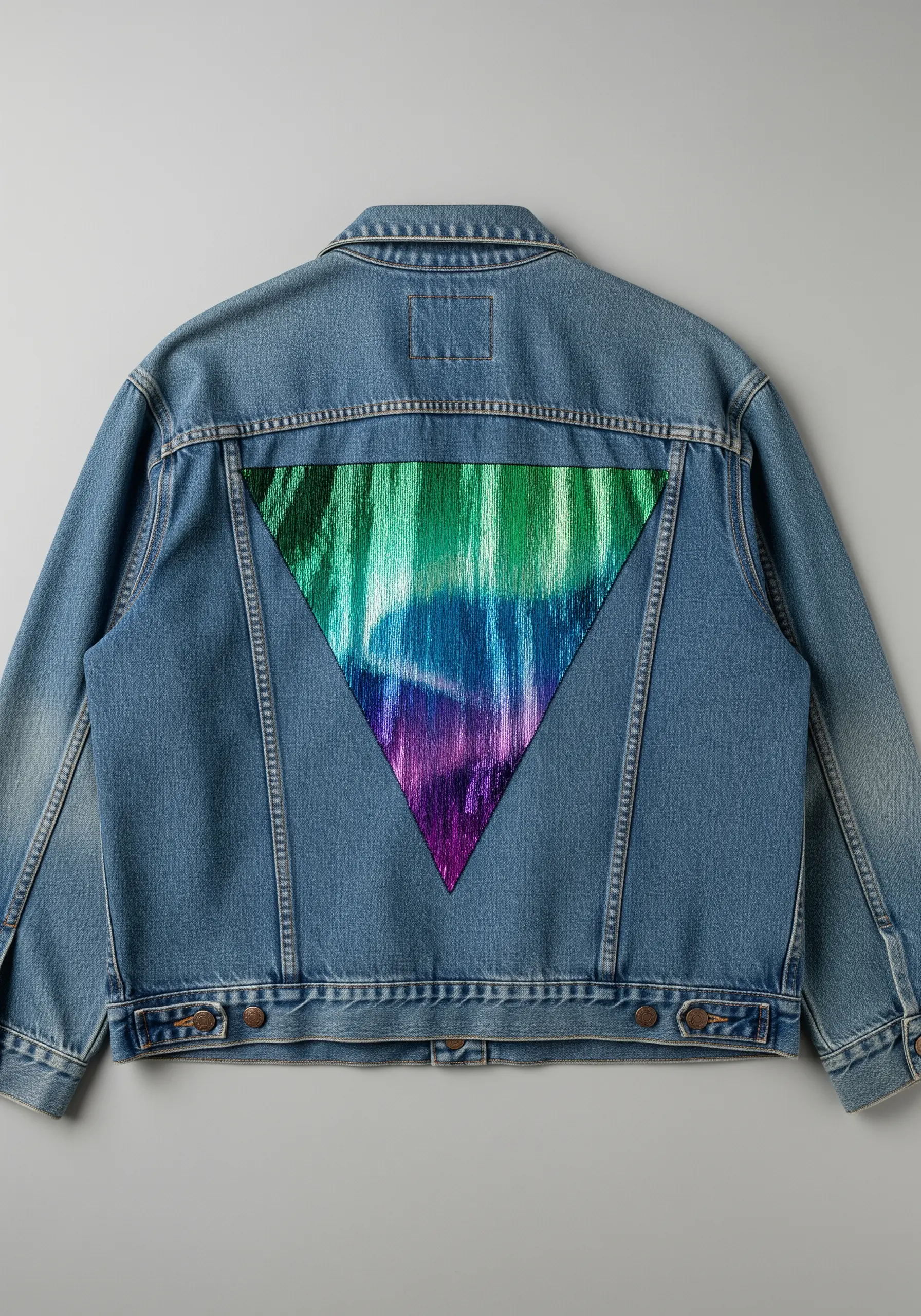 A large triangle of iridescent green and purple sequined fabric on the back of a denim jacket.