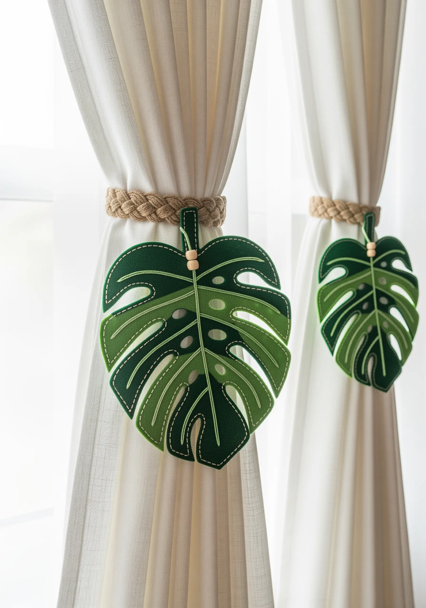 A curtain tie-back in the shape of a green monstera leaf, made from stitched felt.
