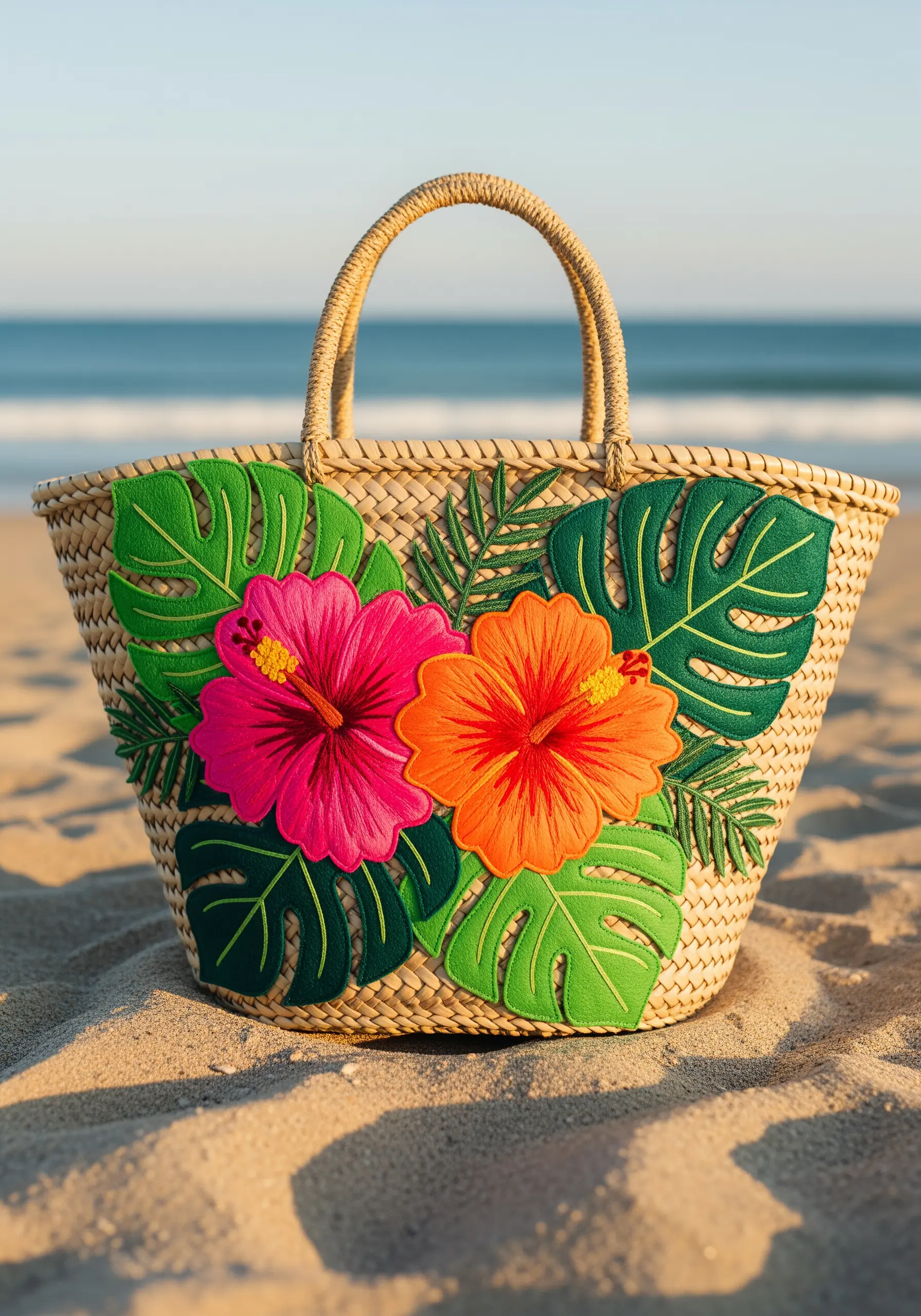 A straw beach tote decorated with large, brightly colored hibiscus flower and leaf appliqués.