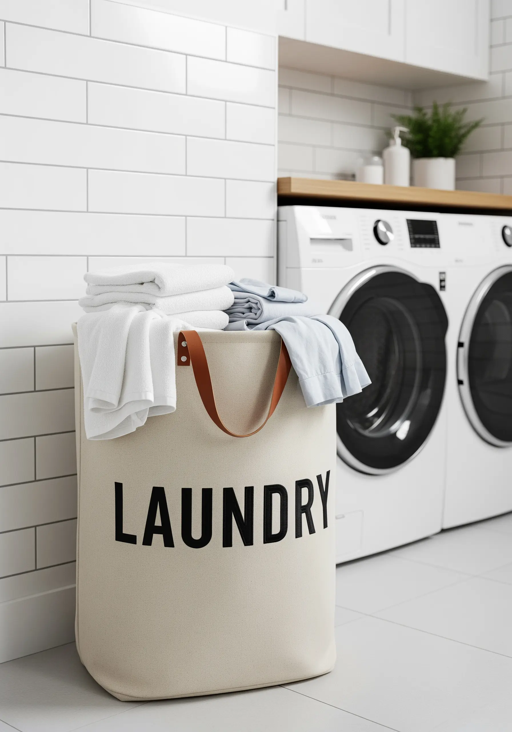 A canvas laundry hamper with the word 'LAUNDRY' embroidered in large, black, sans-serif letters.