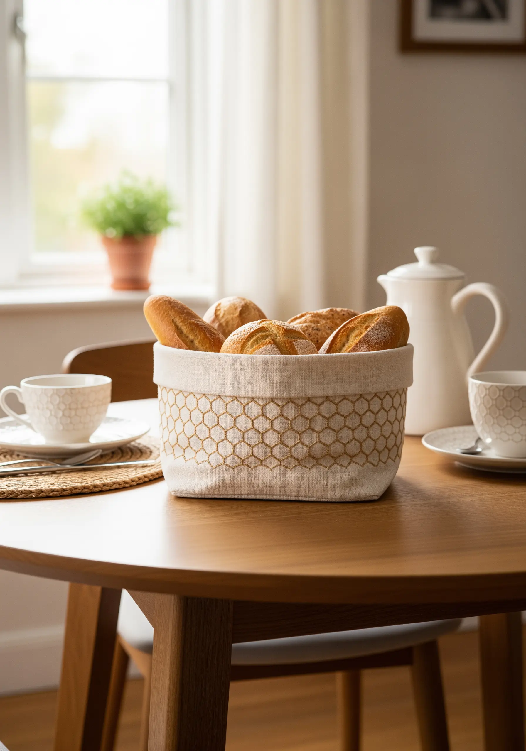 A fabric bread basket embroidered with a repeating honeycomb pattern in a golden-brown thread.