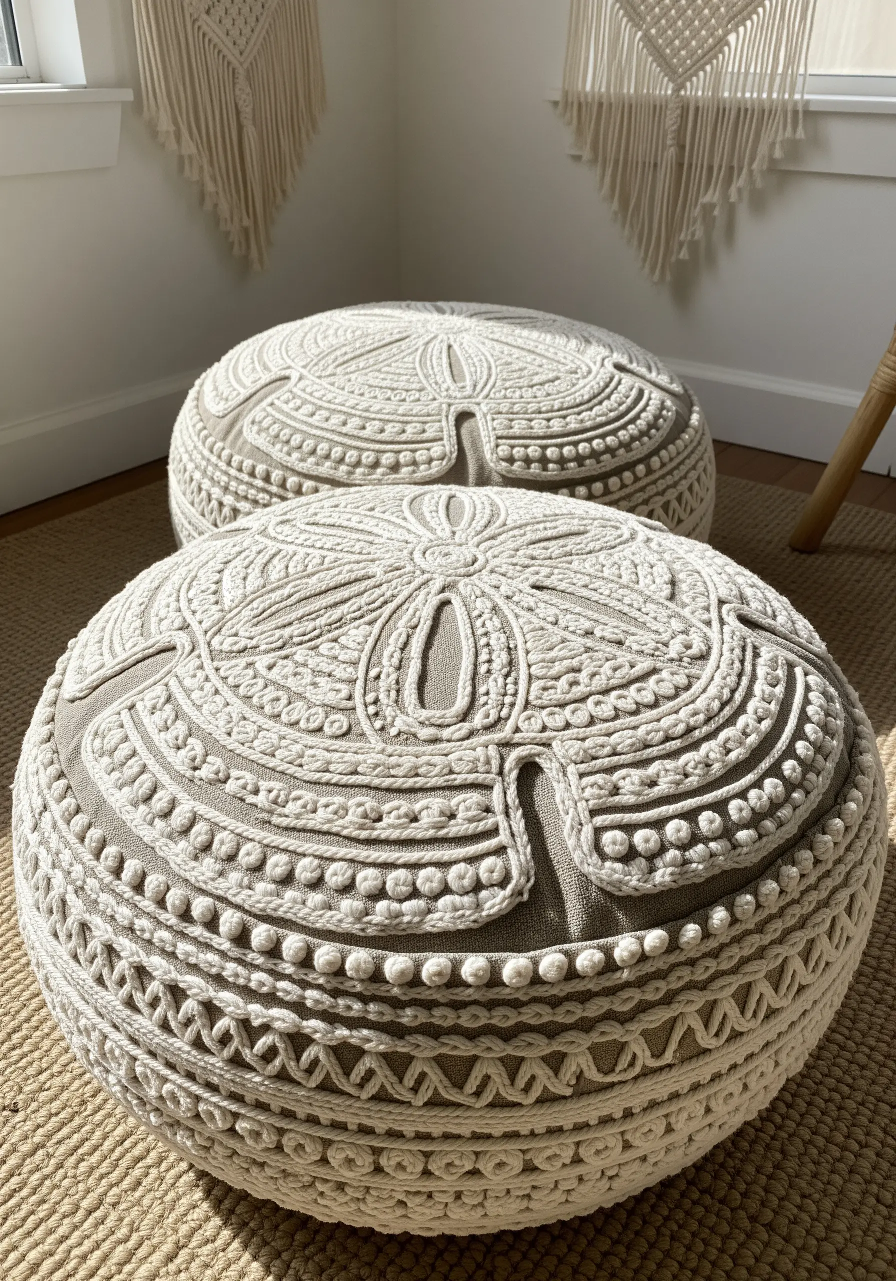 Two round floor poufs with heavy, dimensional embroidery using thick white cord on beige fabric.