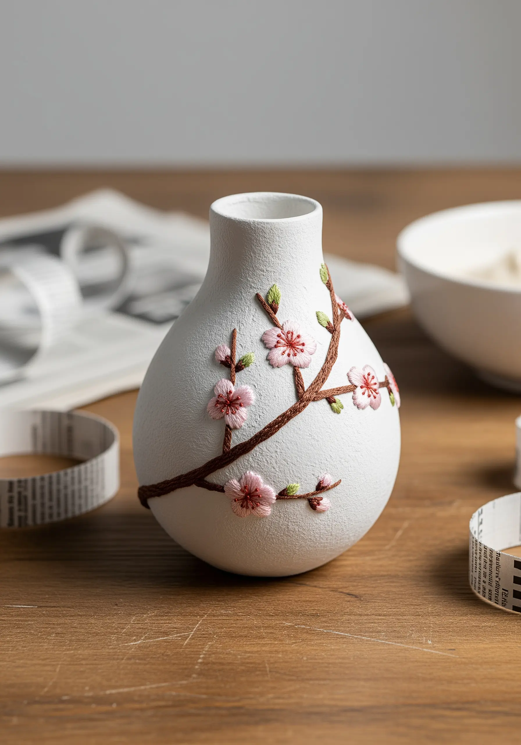 A white vase decorated with an embroidered appliqué of a cherry blossom branch.