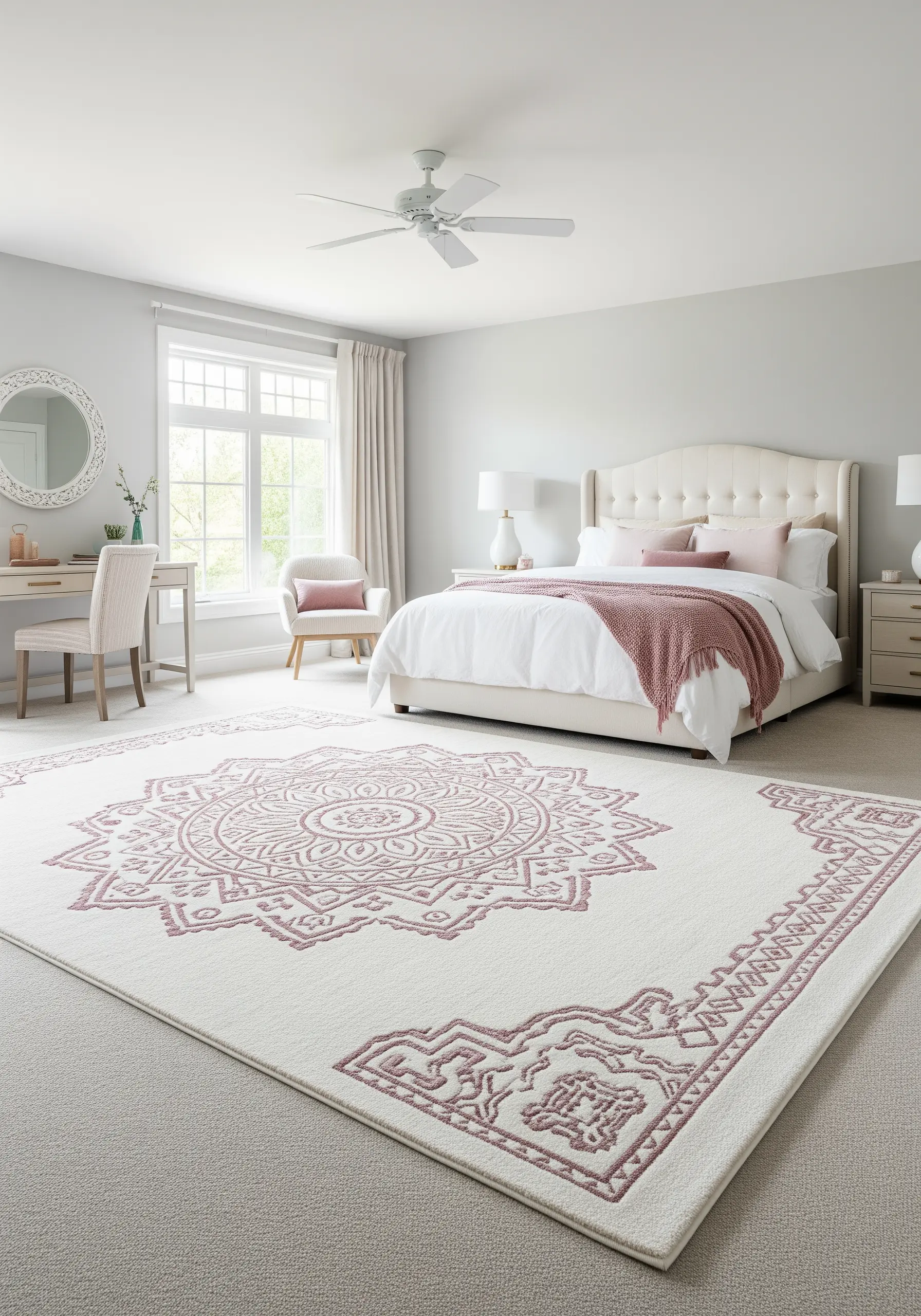 A large ivory area rug with an intricate, symmetrical mandala design in dusty rose.