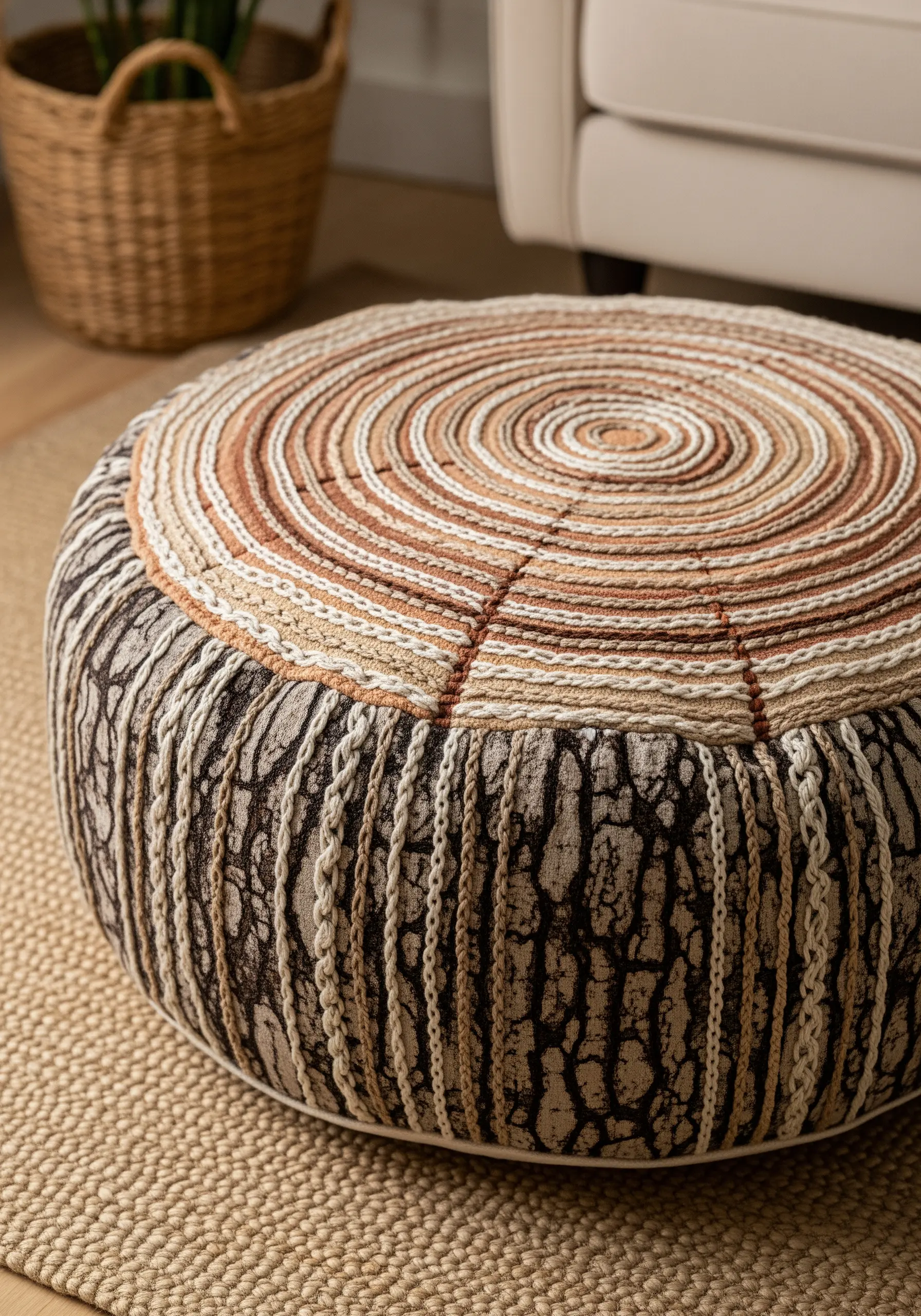 A round pouf decorated to look like a tree stump, with embroidered rings and bark texture.