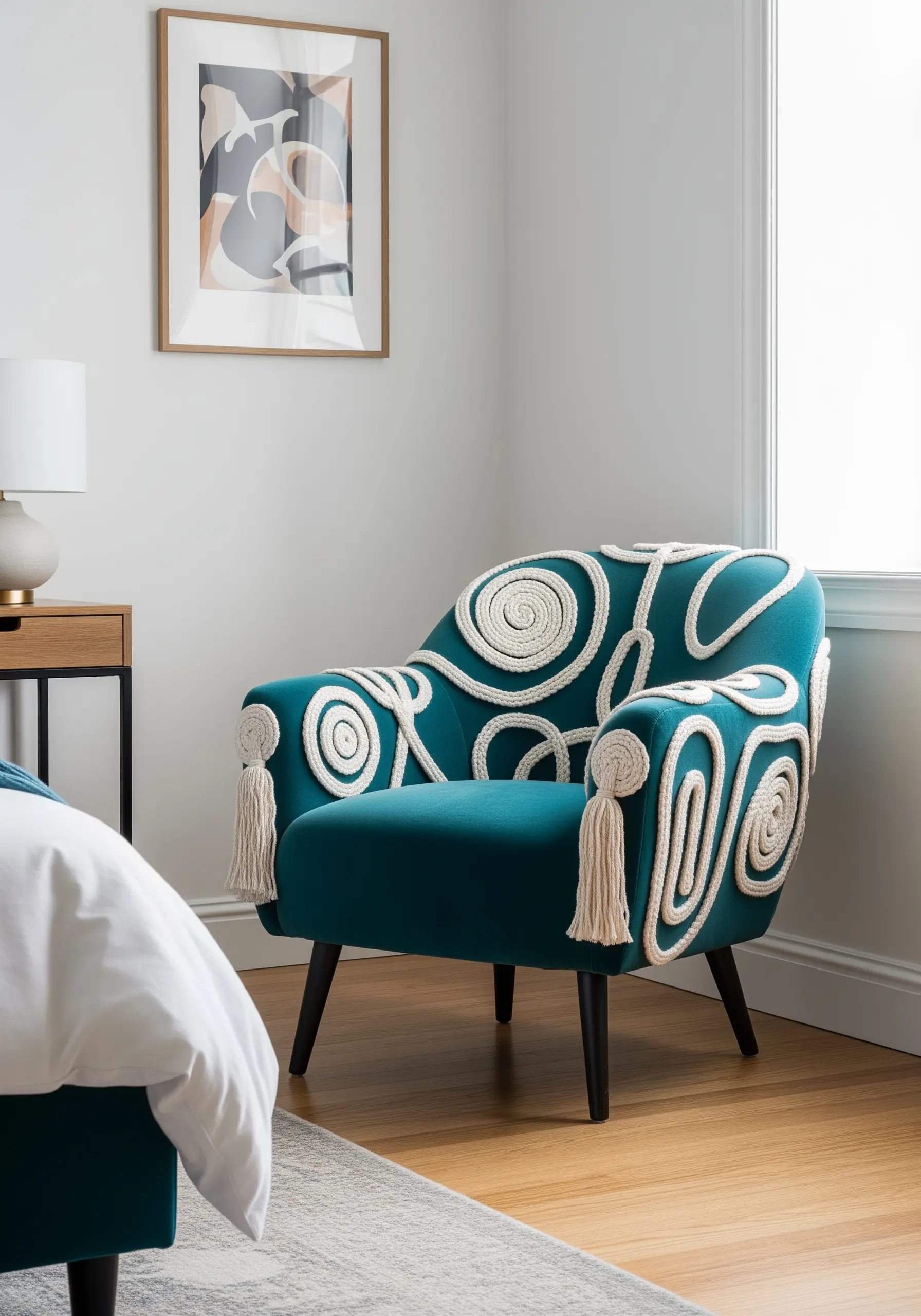 A teal armchair embellished with thick white cotton rope couched into swirling, abstract patterns.