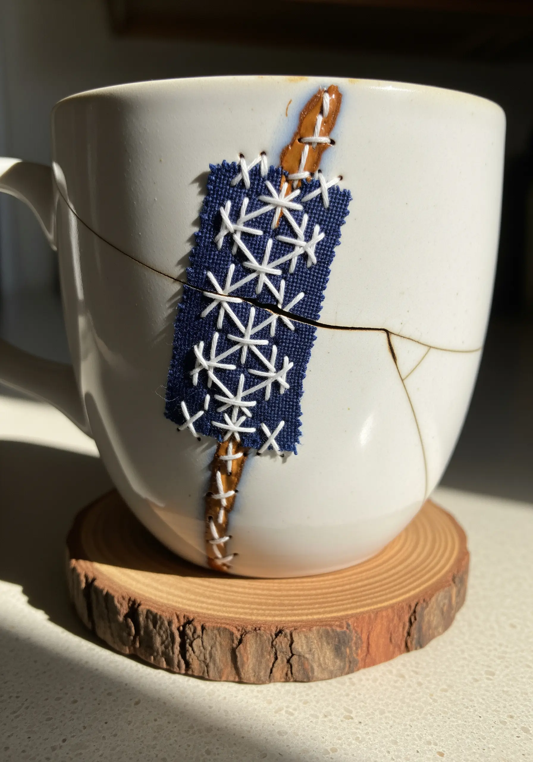 A cracked white ceramic mug repaired with a dark blue fabric patch and white Sashiko-style stitches.